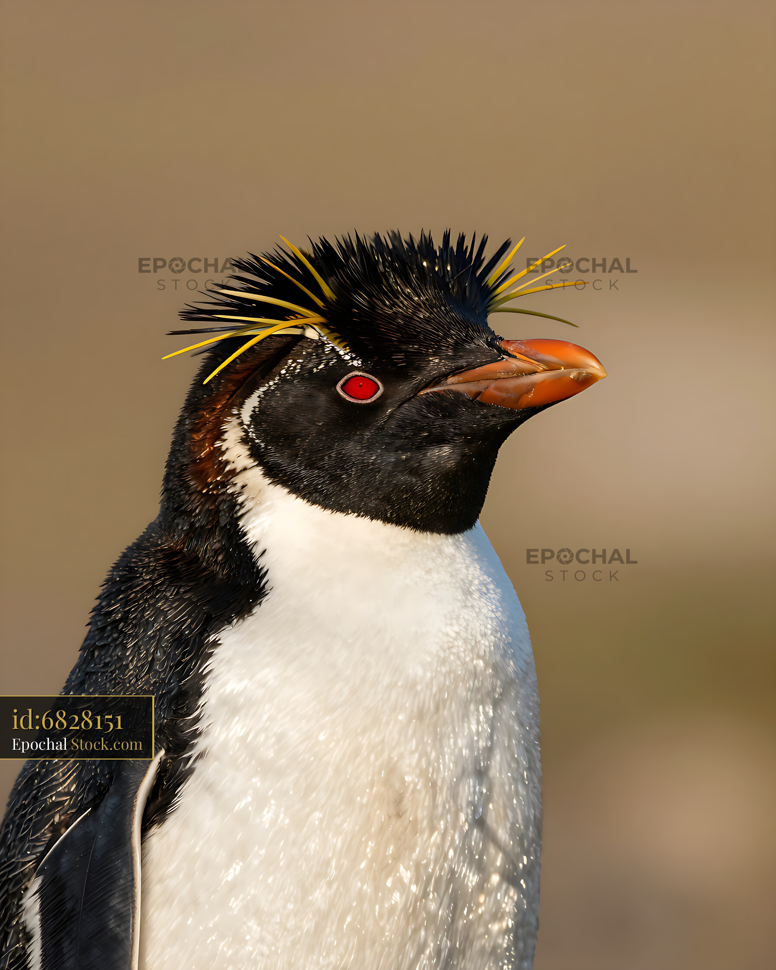Rockhopper penguin with distinctive yellow crest and red eyes - stock photo