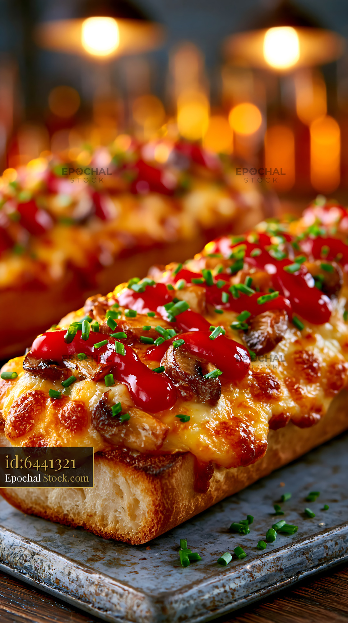 Polish zapiekanka pizza with melted cheese mushrooms and ketchup - stock photo