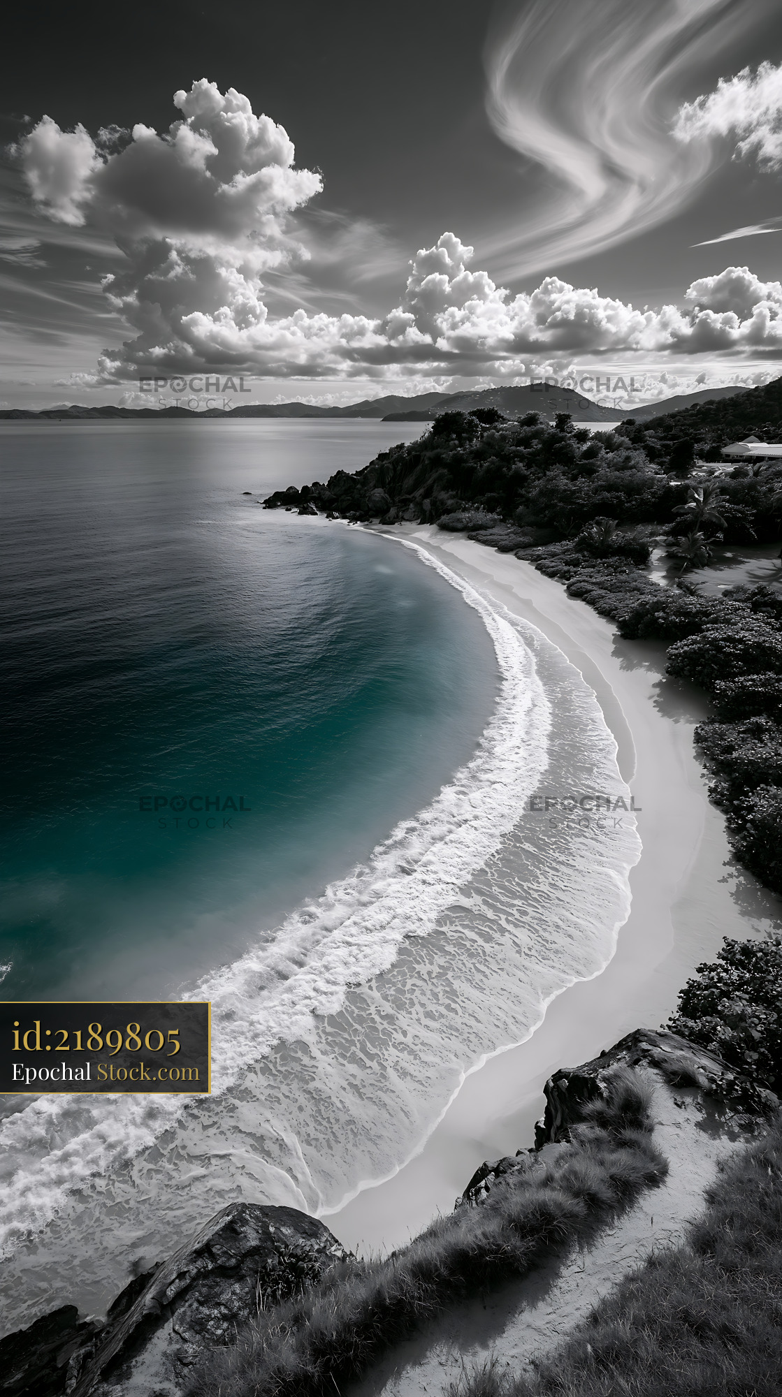 Tropical beach with selective color turquoise ocean from high angle - stock photo