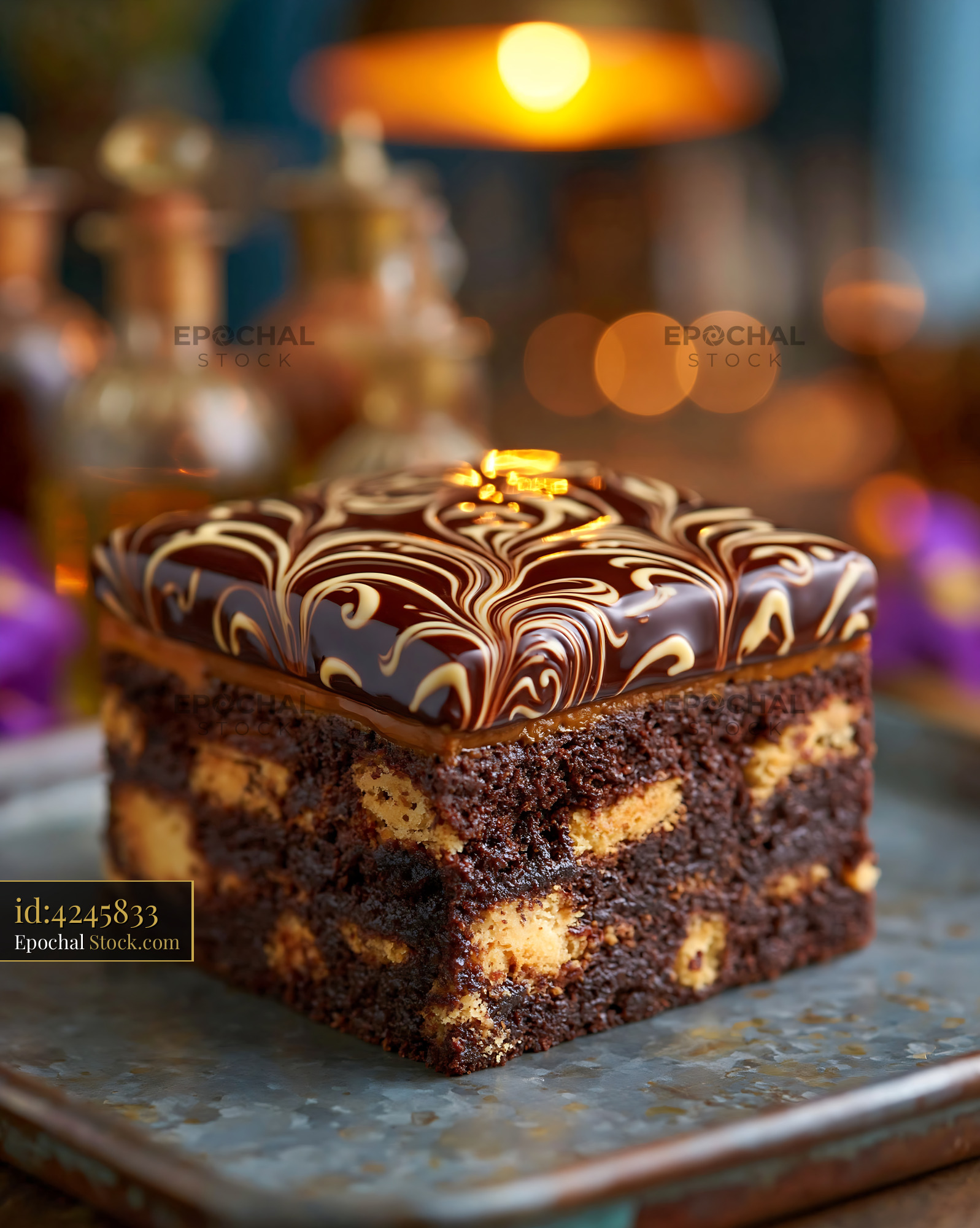 Square chocolate brownie with elegant marbled glaze on a rustic tray - stock photo
