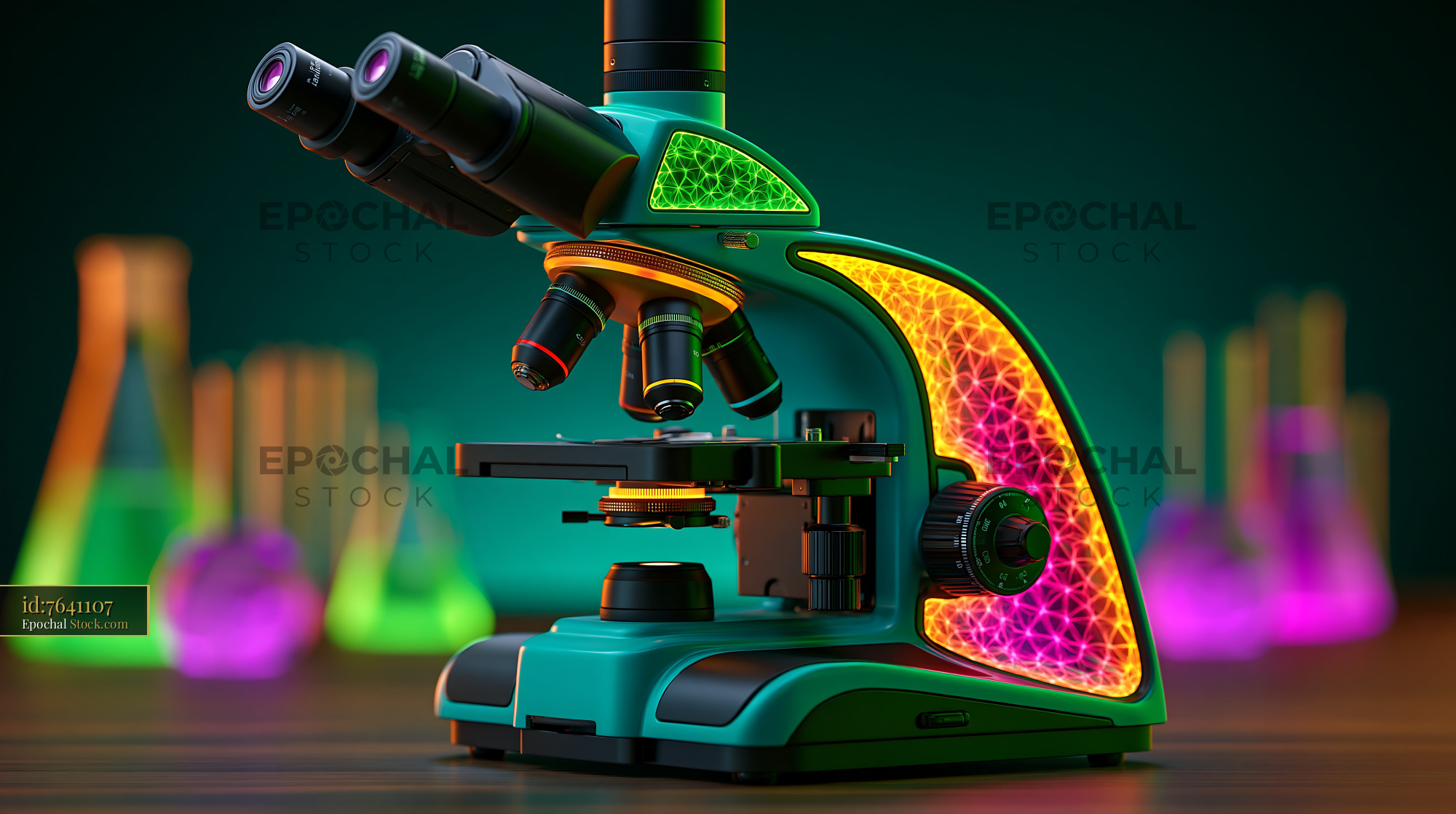 Microscope with glowing neon lights for advanced scientific research - stock photo