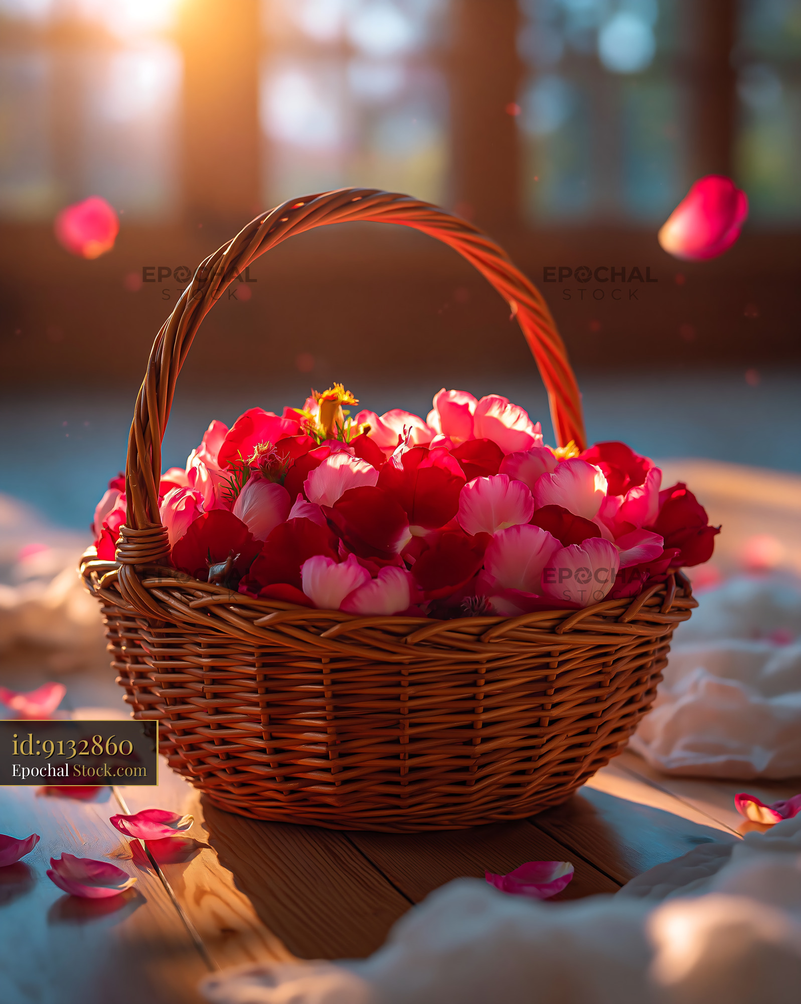 Wicker basket rose petals on wooden floor in warm sunset light - stock photo
