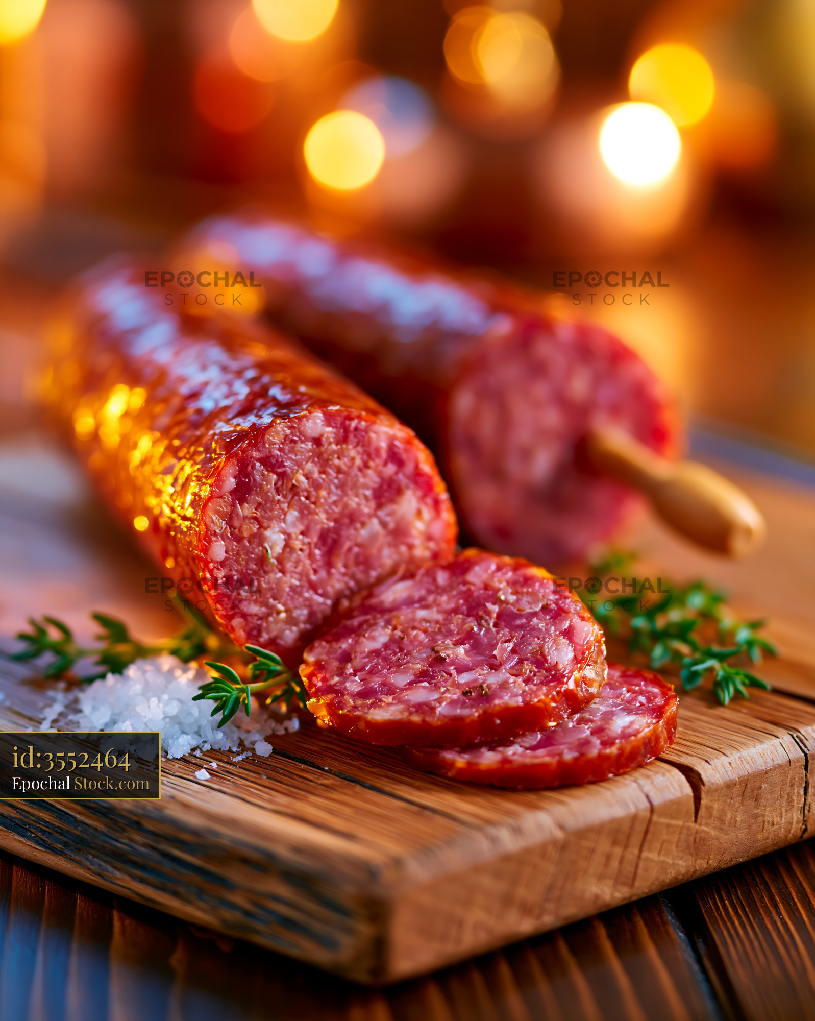 Sliced saucisse de morteau meat with sea salt and thyme on a wooden bo - stock photo