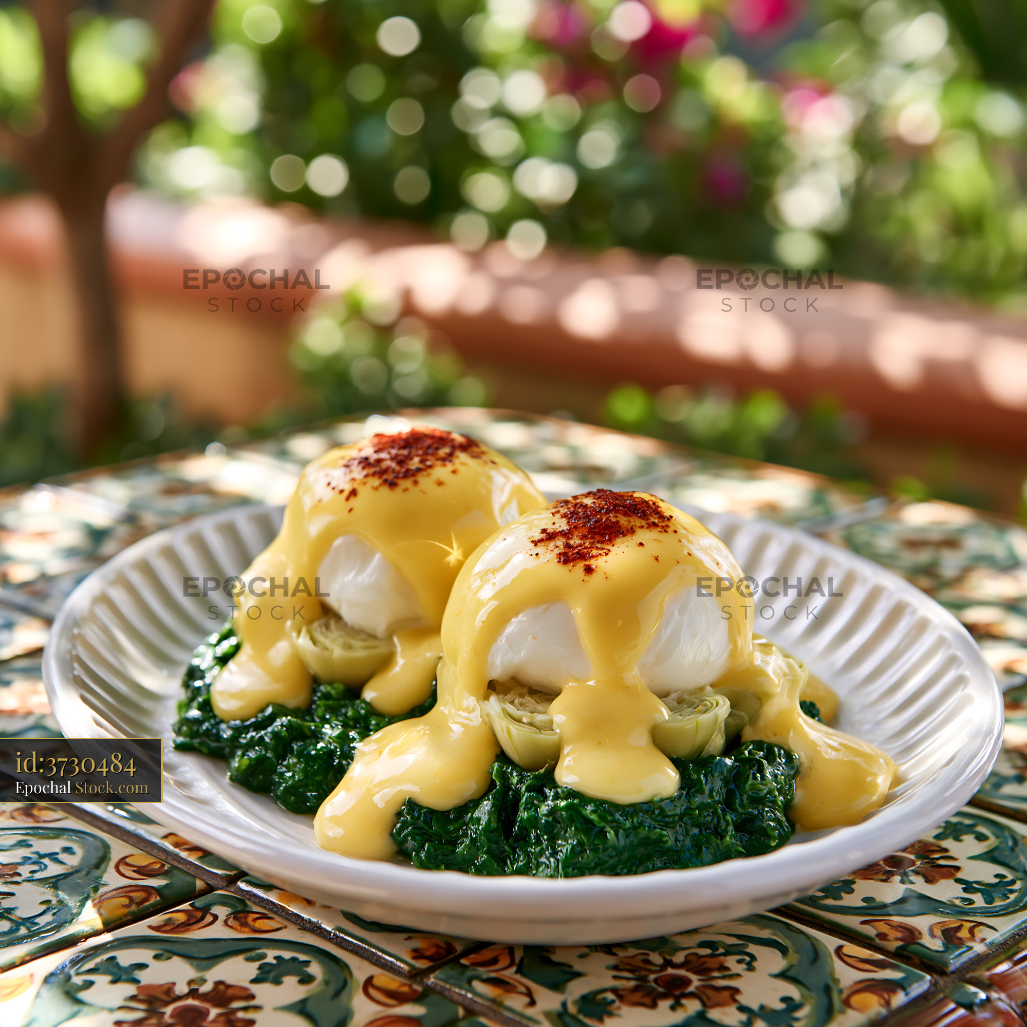 Eggs Sardou with poached eggs and hollandaise on a sunny garden patio - stock photo