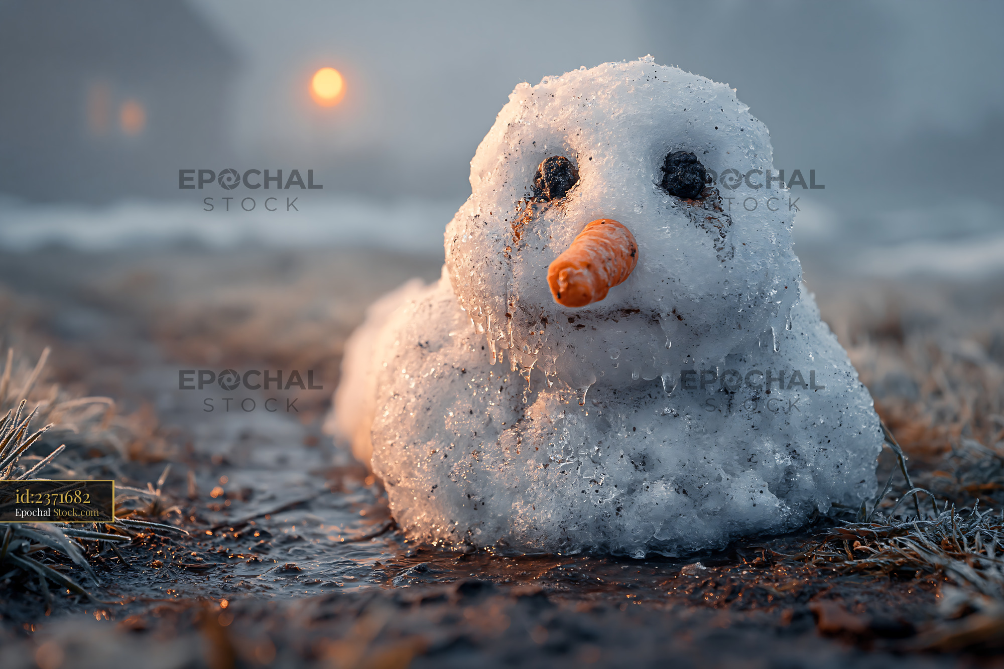 Melting snowman in the warm spring sun at sunrise - stock photo