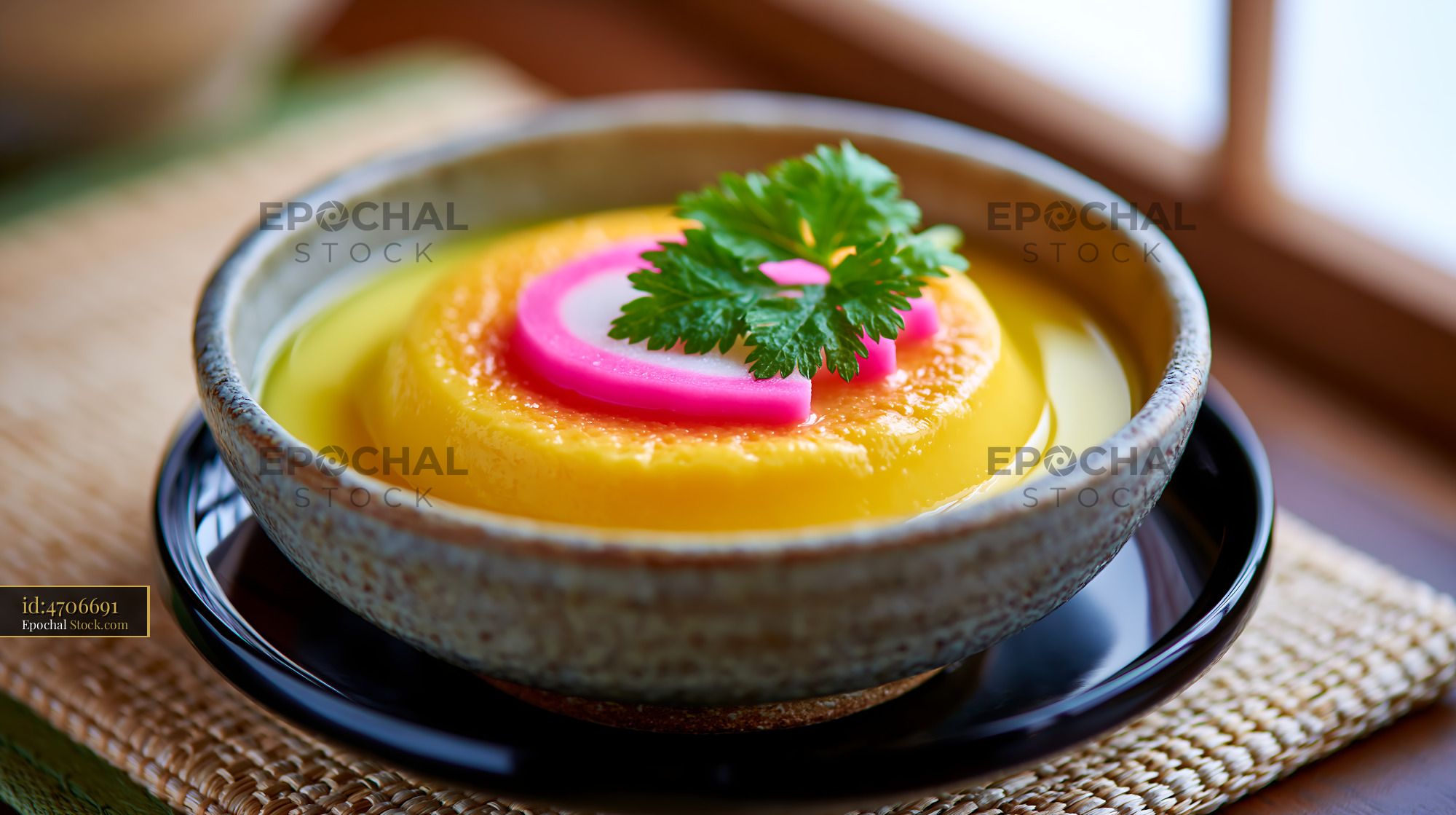 Traditional Japanese chawanmushi egg custard topped with narutomaki - stock photo