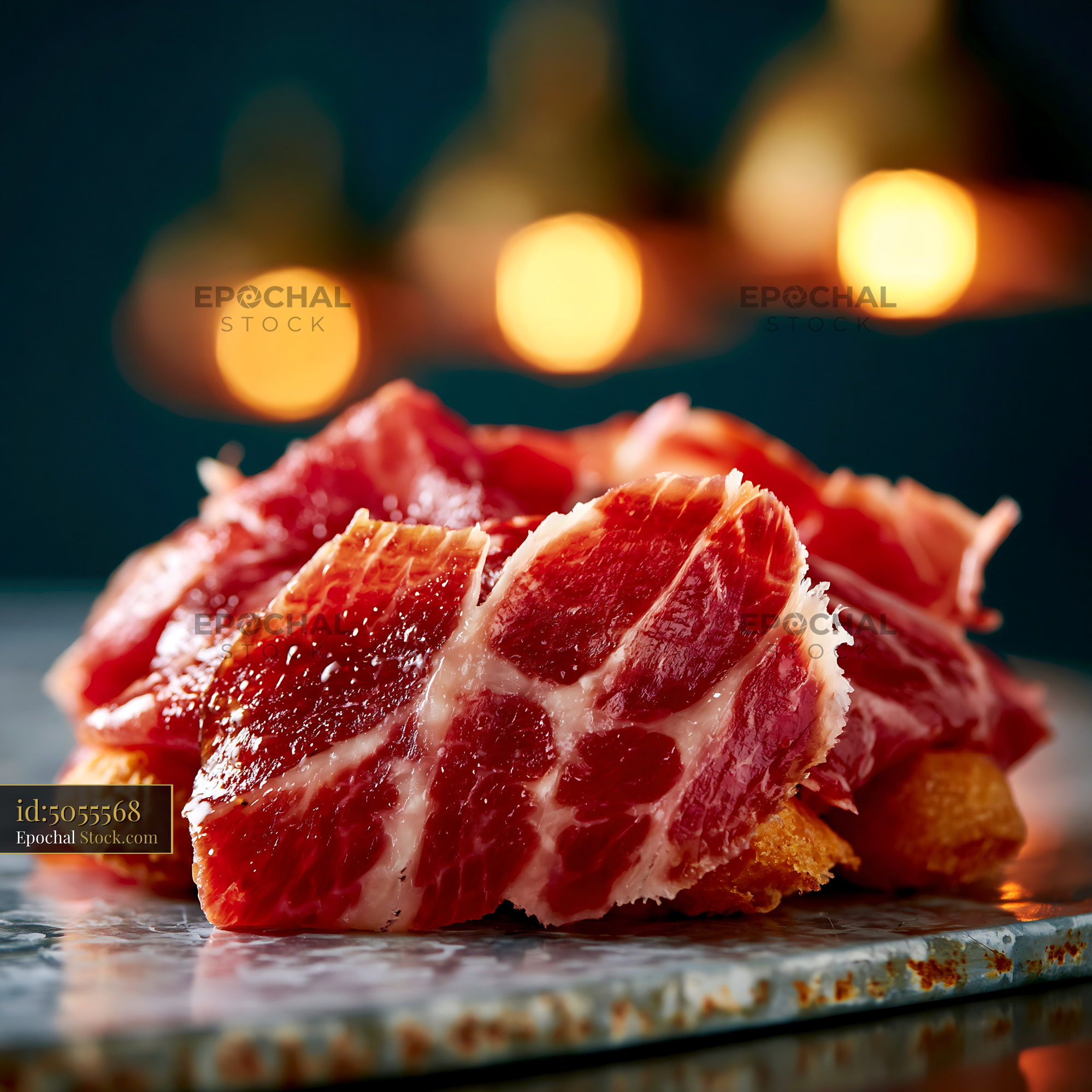 Slices of jamon iberico de bellota meat on toasted bread tapas - stock photo