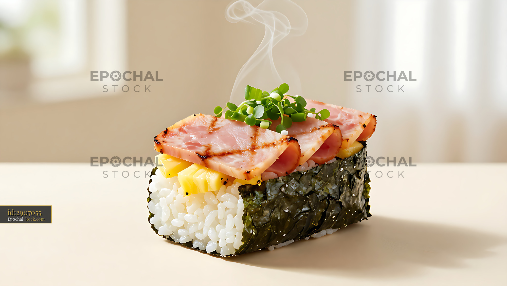 Hawaiian ham and pineapple musubi with fresh microgreens and steam - stock photo
