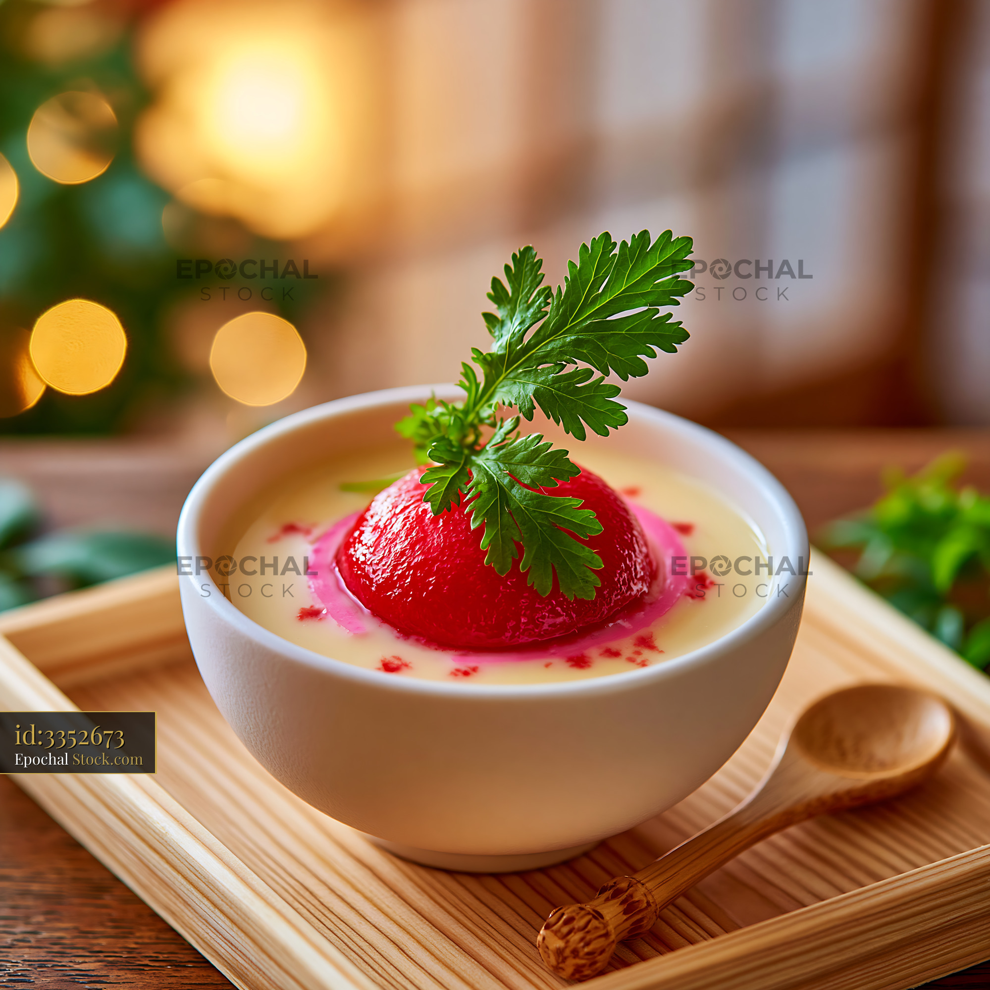 Chawanmushi savory egg custard with red garnish in a white bowl - stock photo