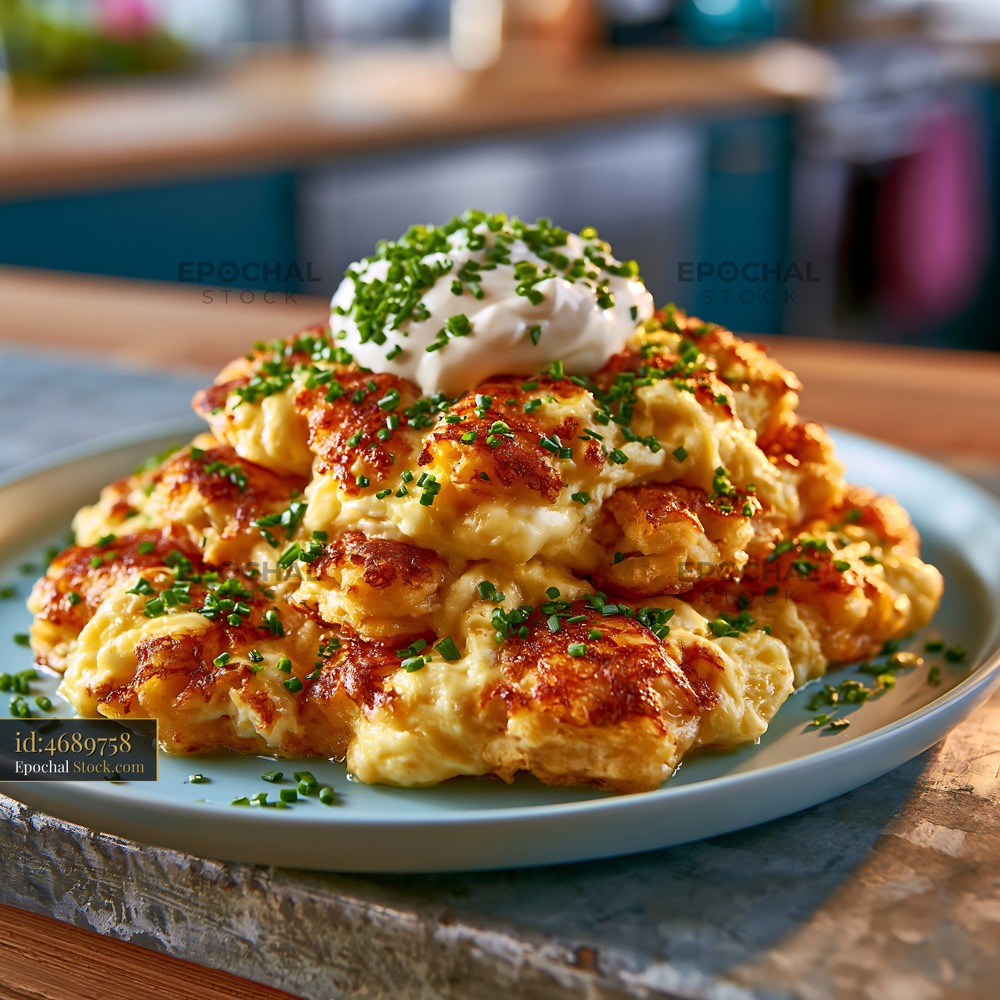 Traditional matzah brei with sour cream and fresh chives on a plate - stock photo