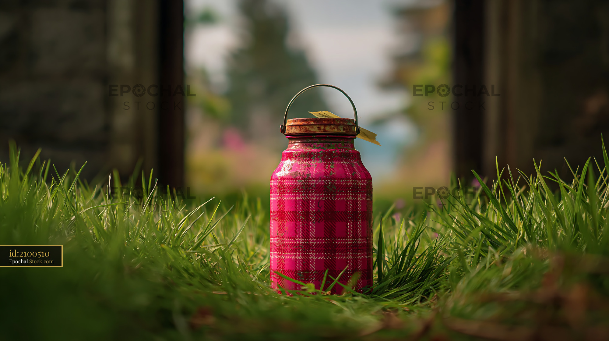 Vintage pink plaid thermos standing in lush green spring grass