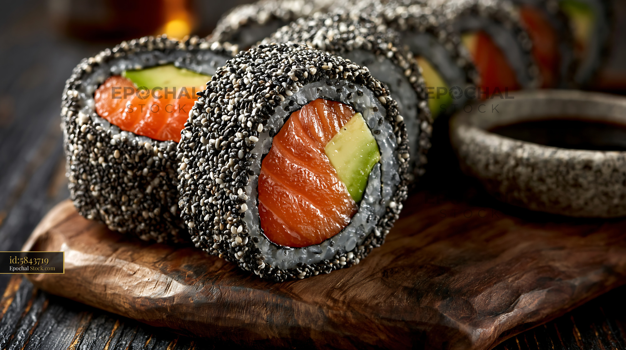 Gourmet chia seed crusted sushi with fresh salmon and avocado - stock photo