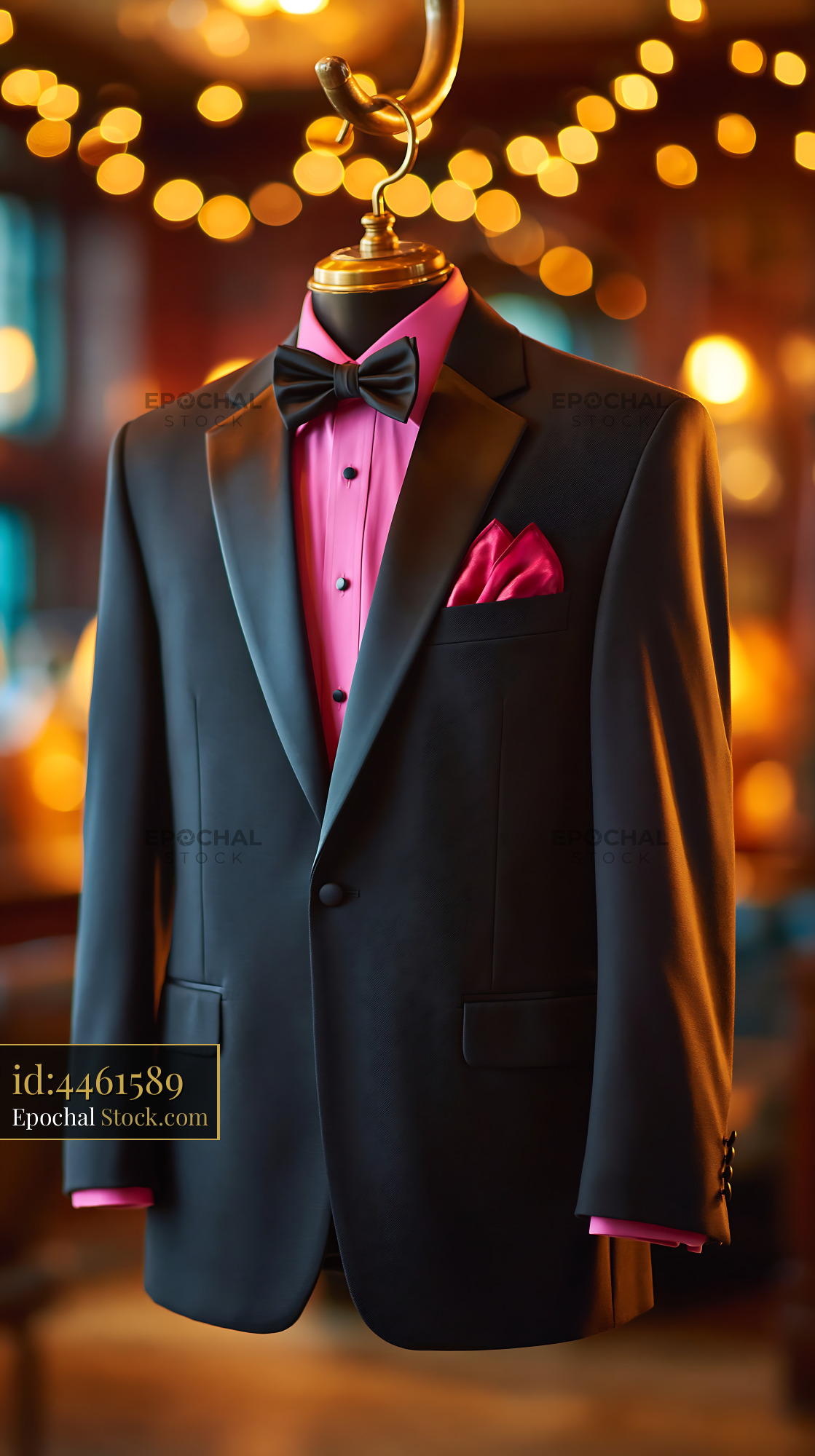 Black tuxedo jacket on dressing room hook with pink shirt and bow tie - stock photo