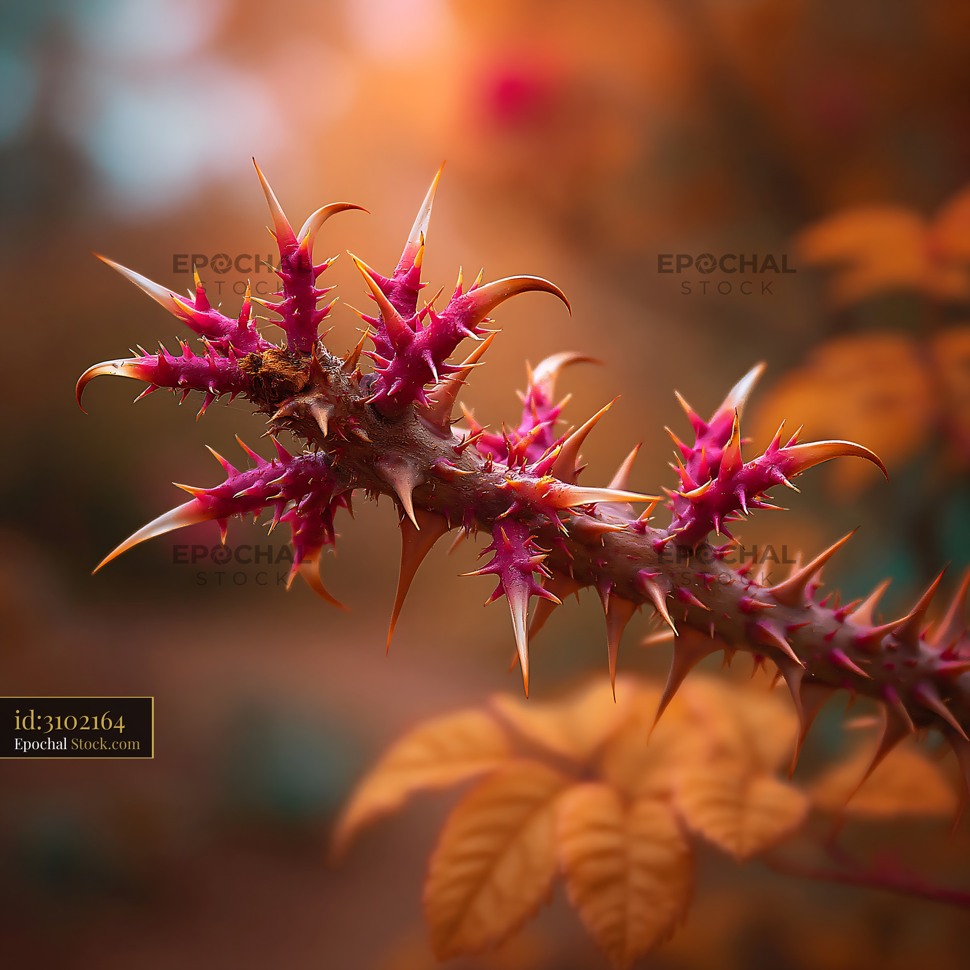 Sharp magenta thorns on a rose branch against warm autumn foliage - stock photo