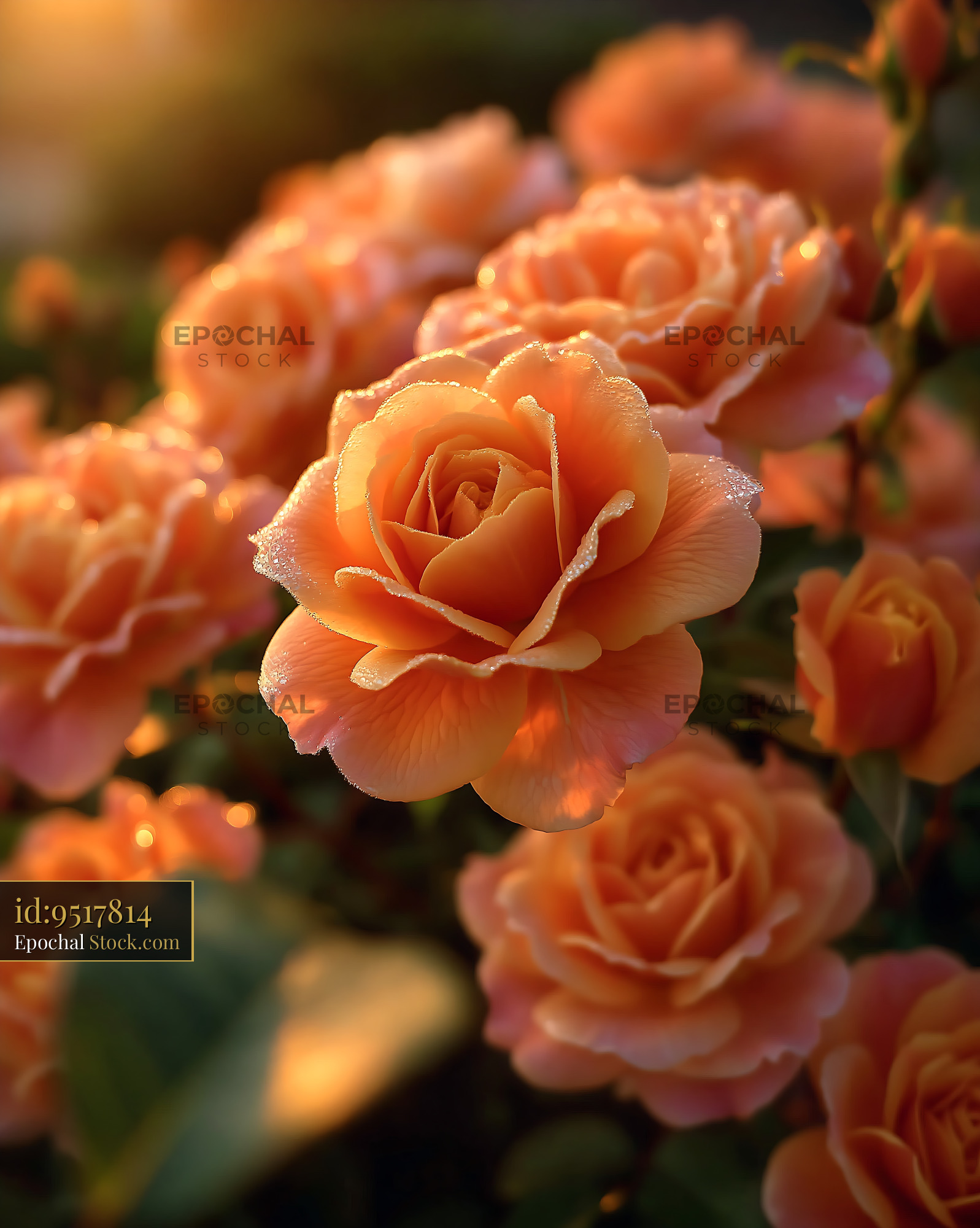 Orange roses with morning dew in a sunset light rose garden - stock photo