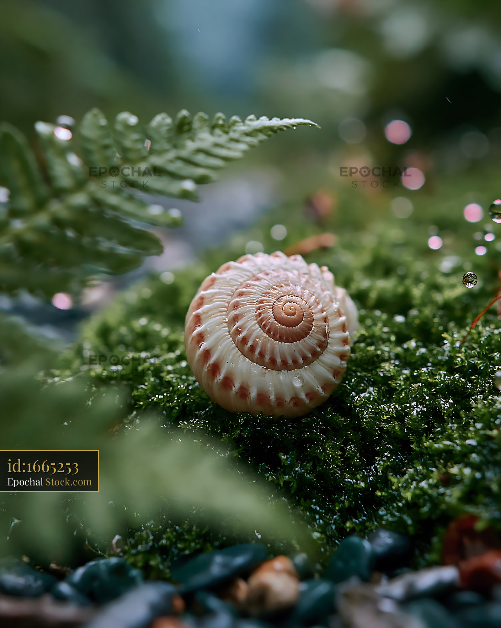 Snail shell on wet moss in a lush green forest floor
