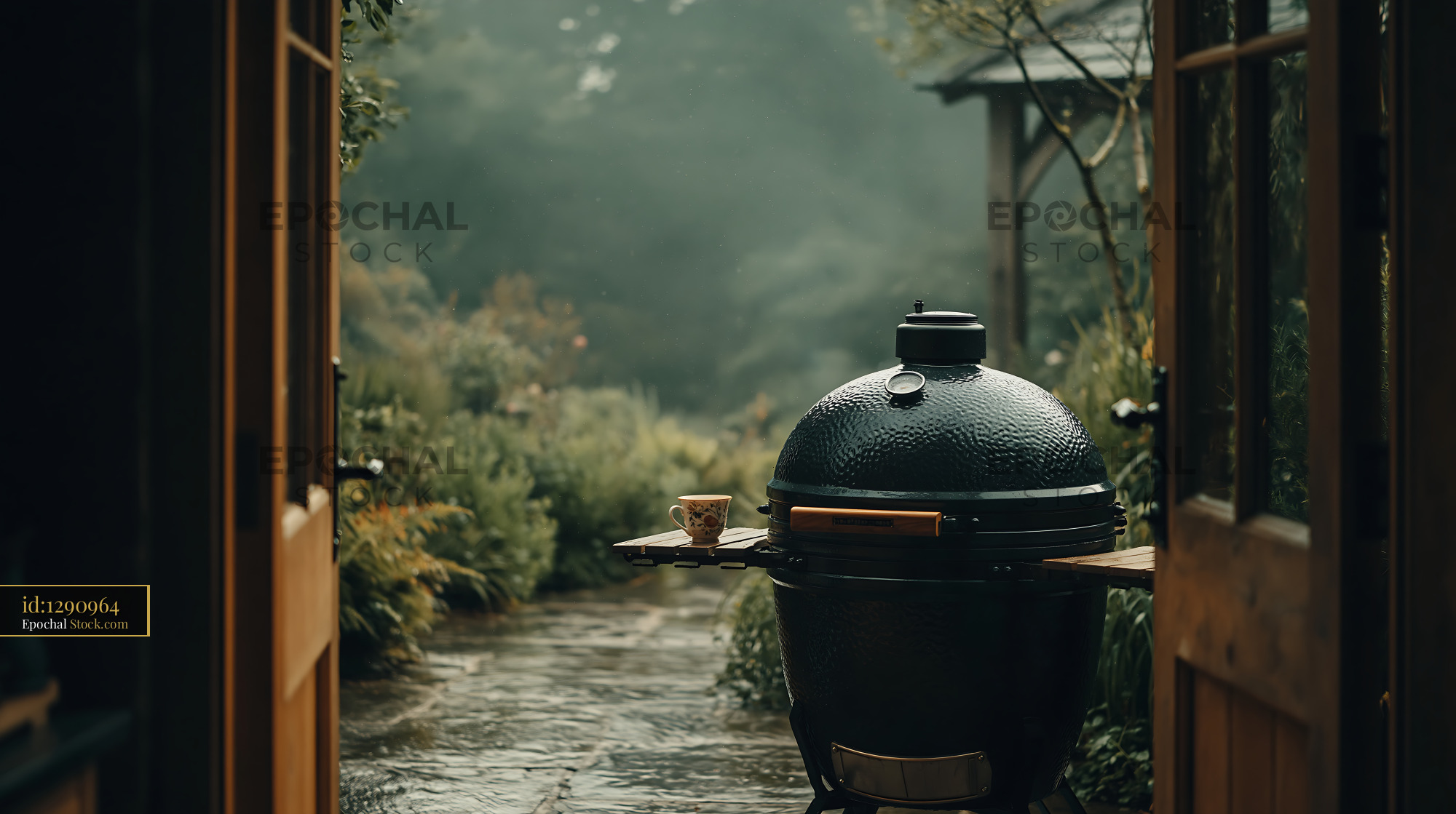 Kamado grill on a wet patio in a lush garden seen through open doors - stock photo