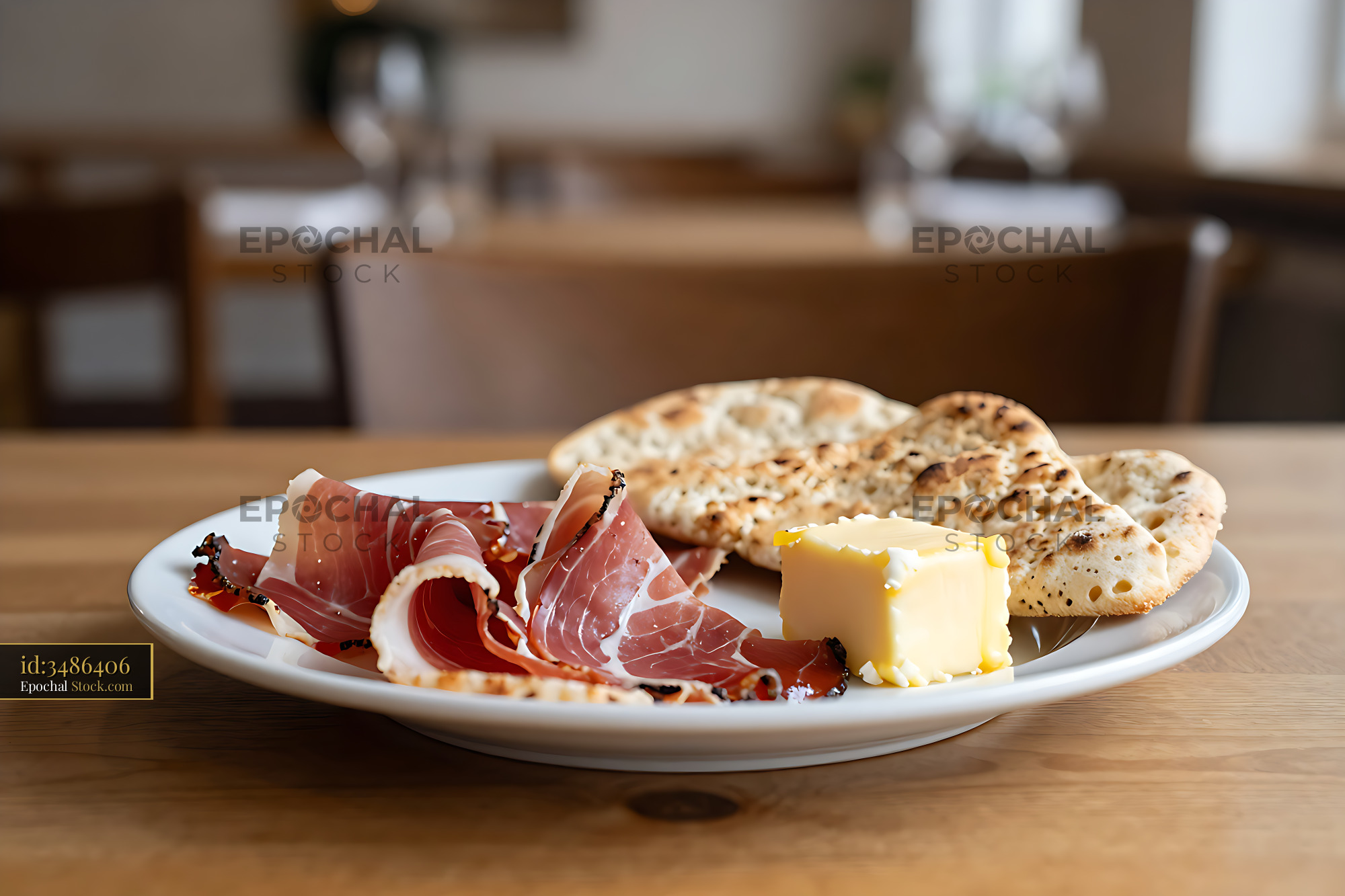 Norwegian spekeskinke with scrambled eggs and flatbread - stock photo