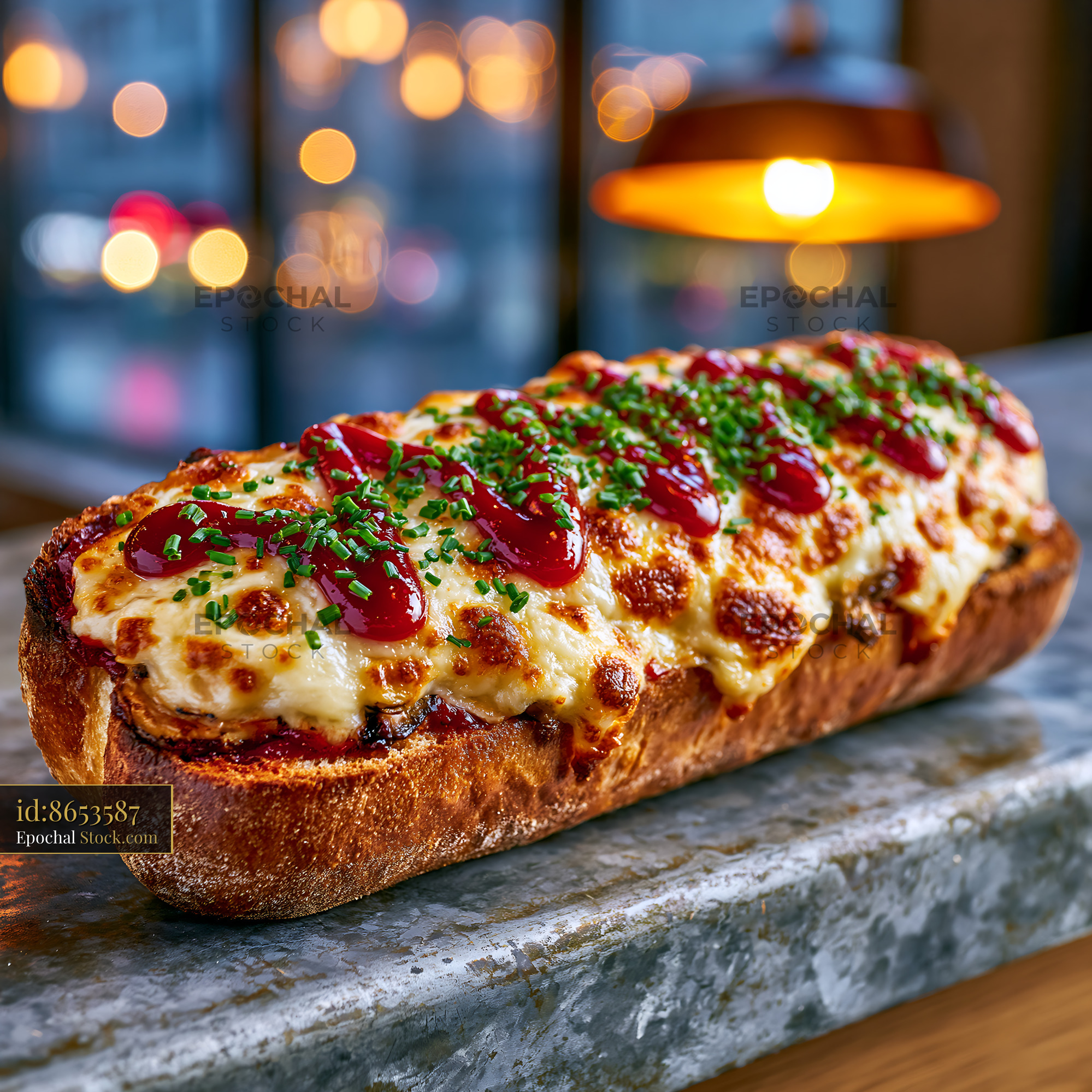 Toasted zapiekanka pizza with melted cheese and chives in a bistro - stock photo