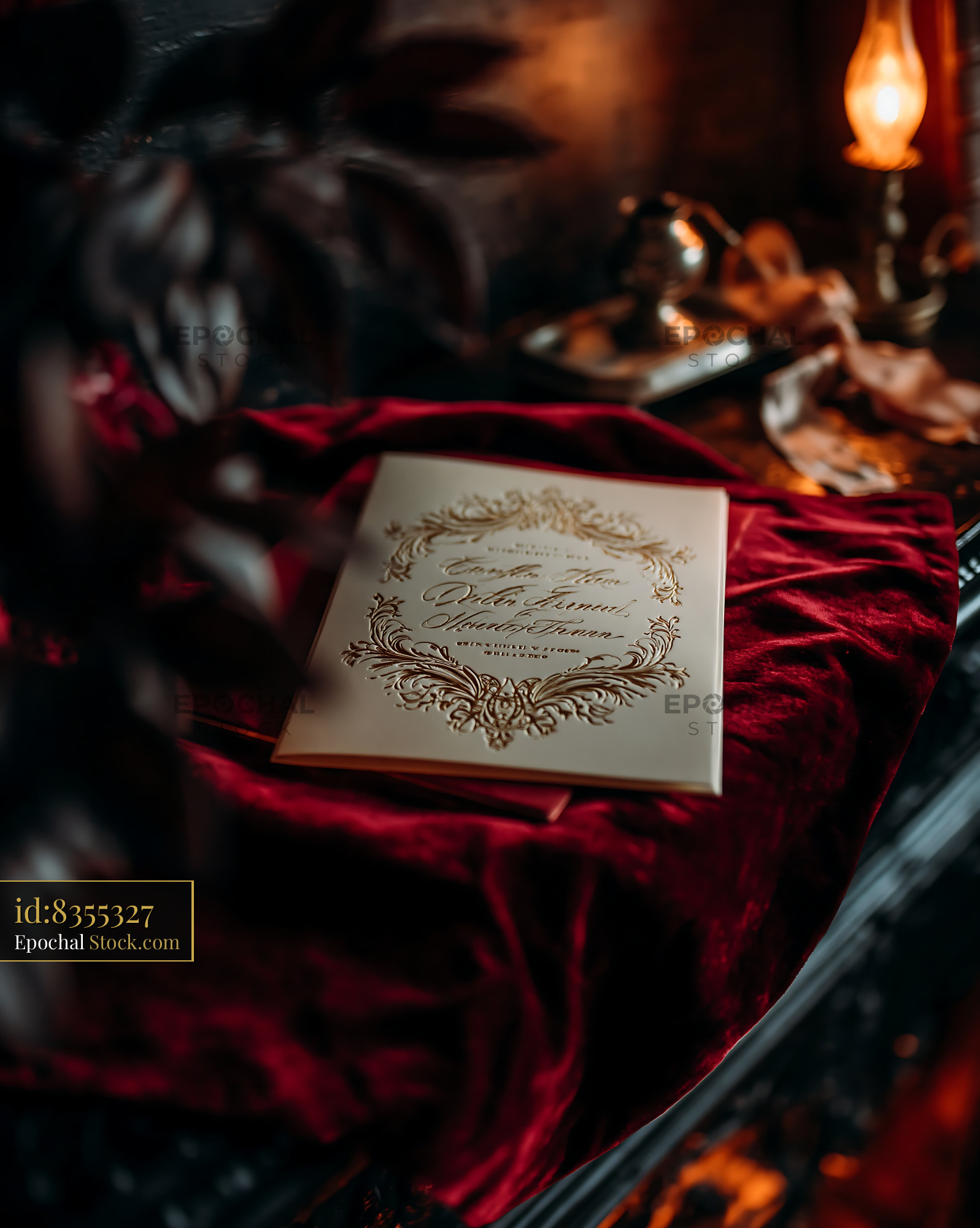 Ornate invitation card on red velvet in a moody candlelit setting - stock photo