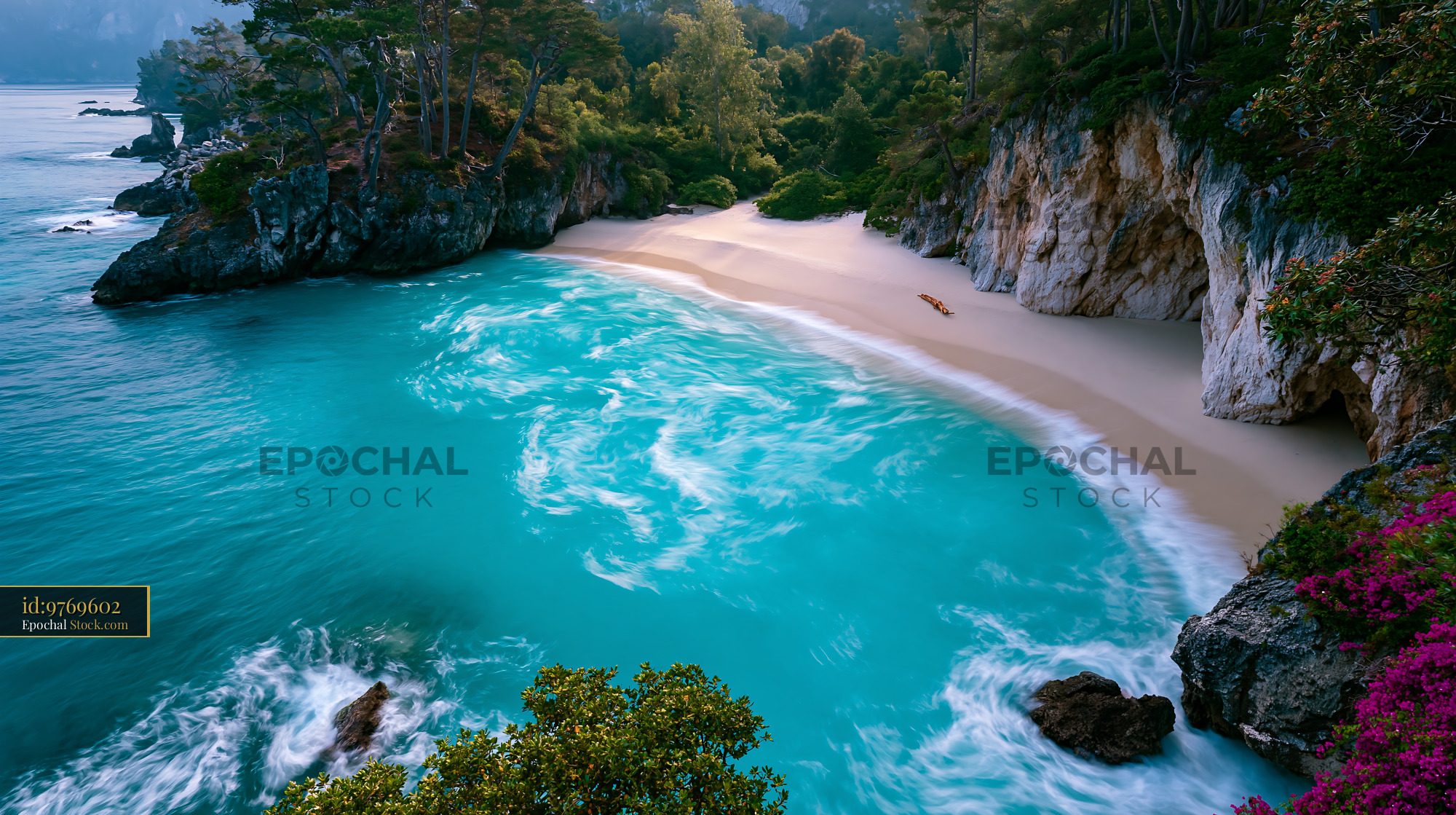 Unexplored white sand island beach strip with turquoise water and clif - stock photo