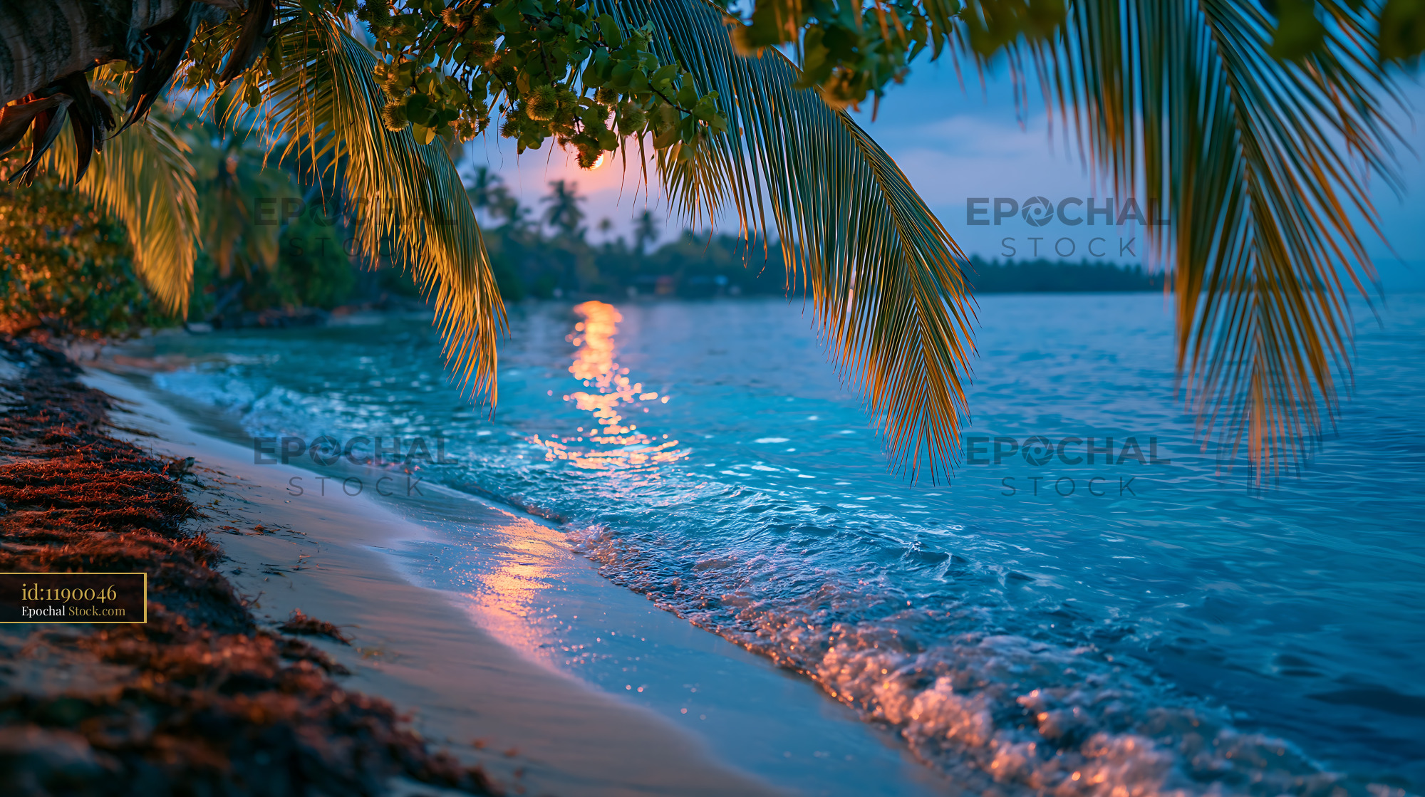 Tropical beach at sunset with palm fronds and golden ocean reflections - stock photo