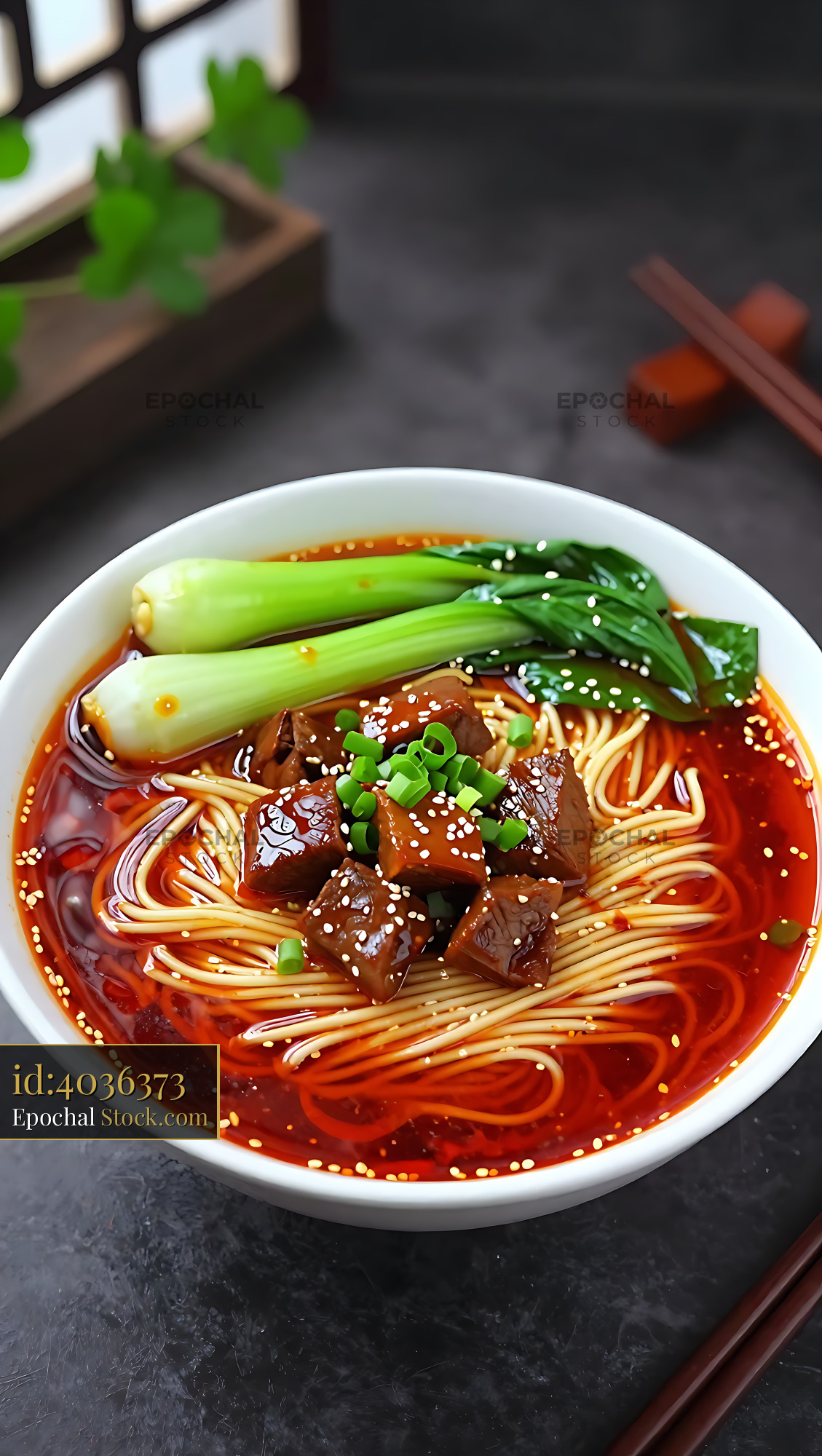 Xiangyang Niu Rou Mian beef noodle soup with bok choy and chili oil - stock photo
