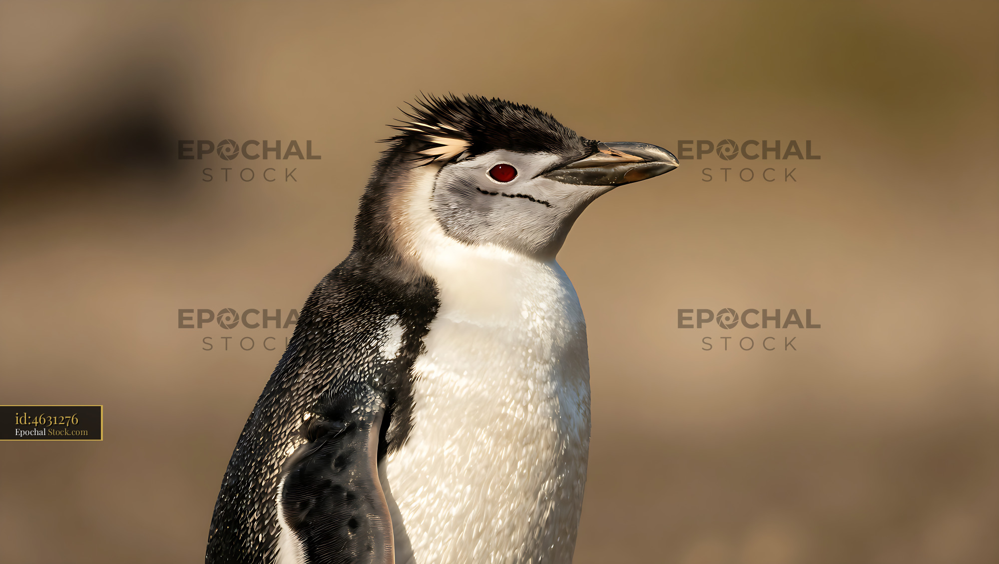 Royal penguin with white face and red eyes in soft sunlight - stock photo