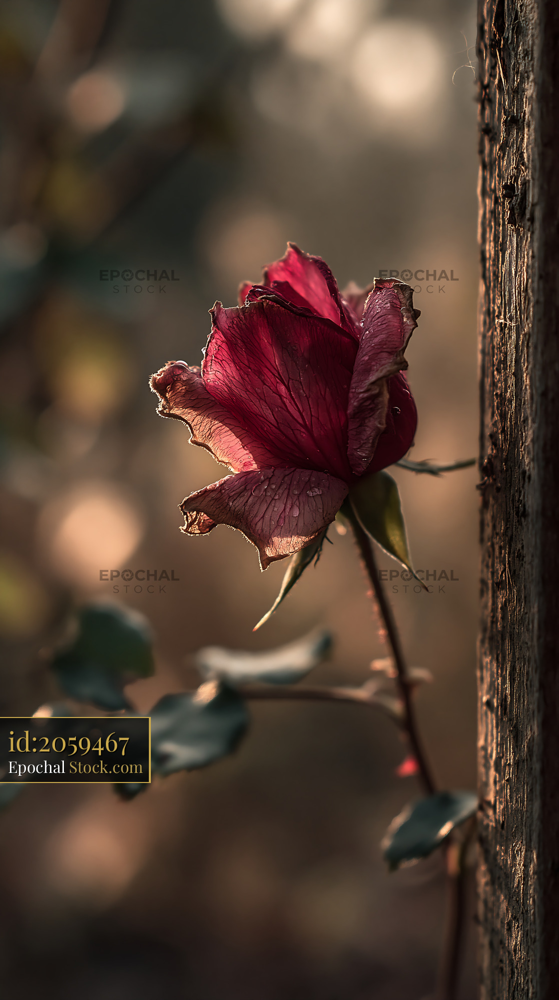 Wilting red rose leaning against a wooden fence during golden hour - stock photo