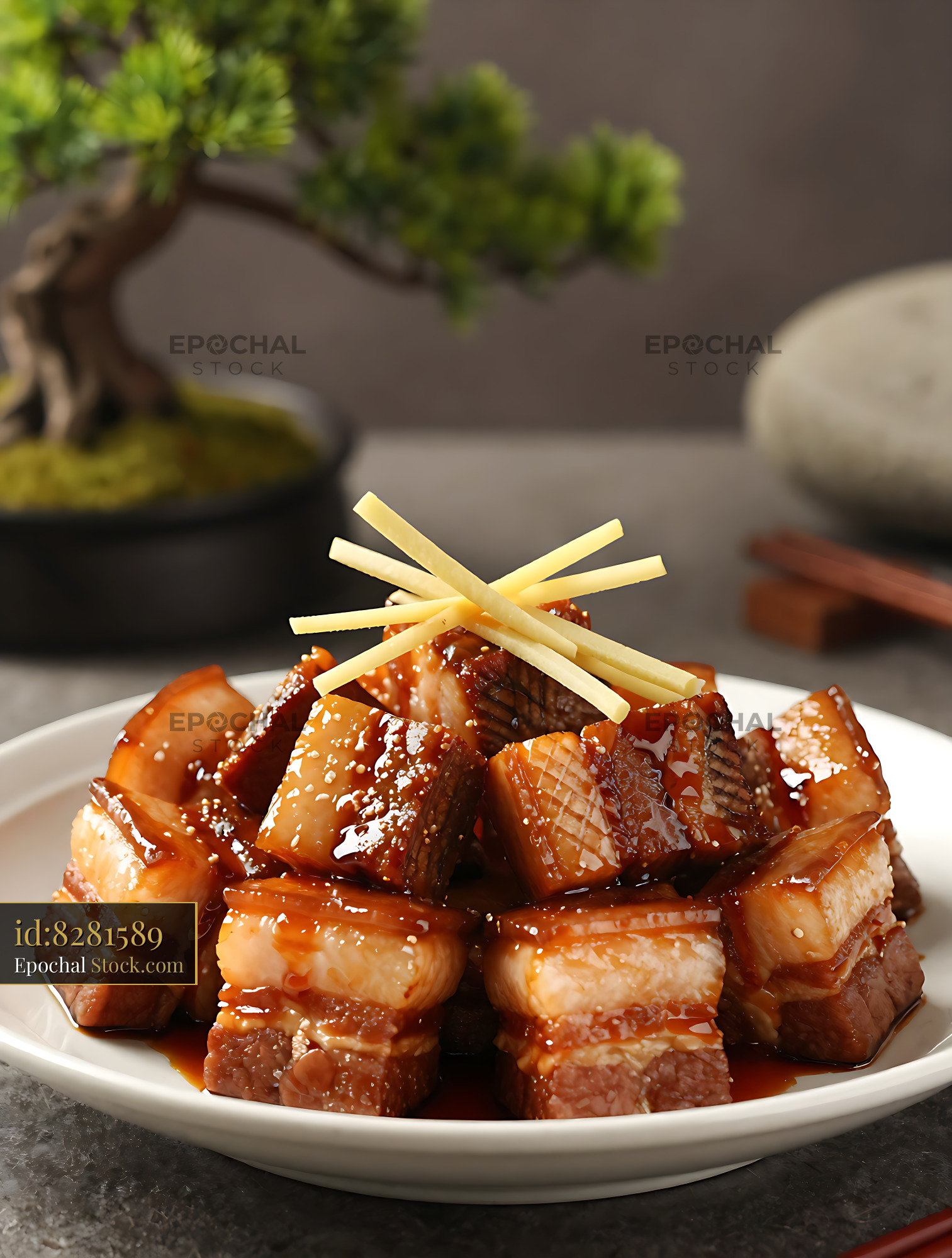 Japanese braised pork belly kakuni inari with ginger julienne - stock photo