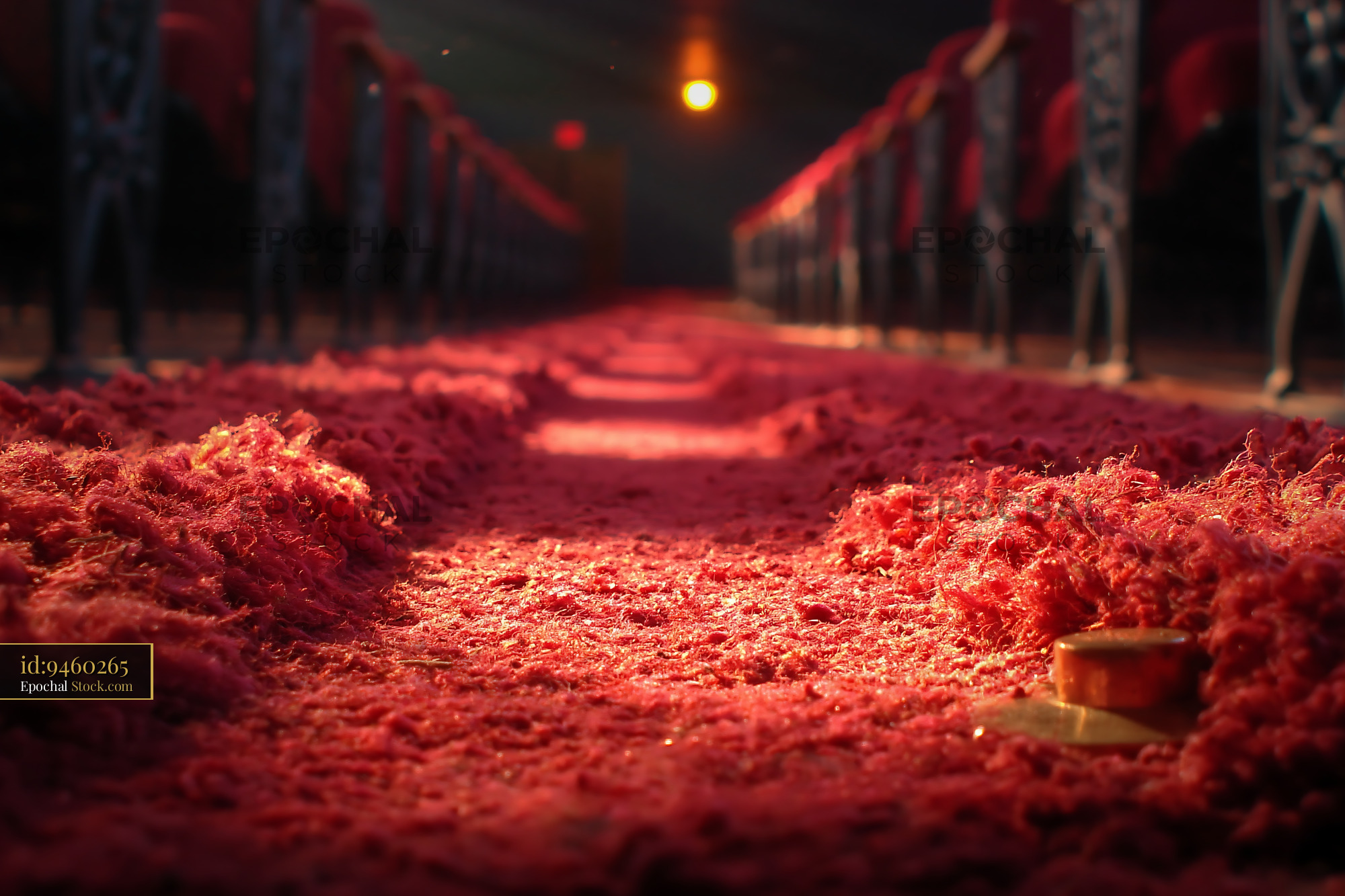Low angle view of an empty theater aisle red carpet in a dim cinema - stock photo