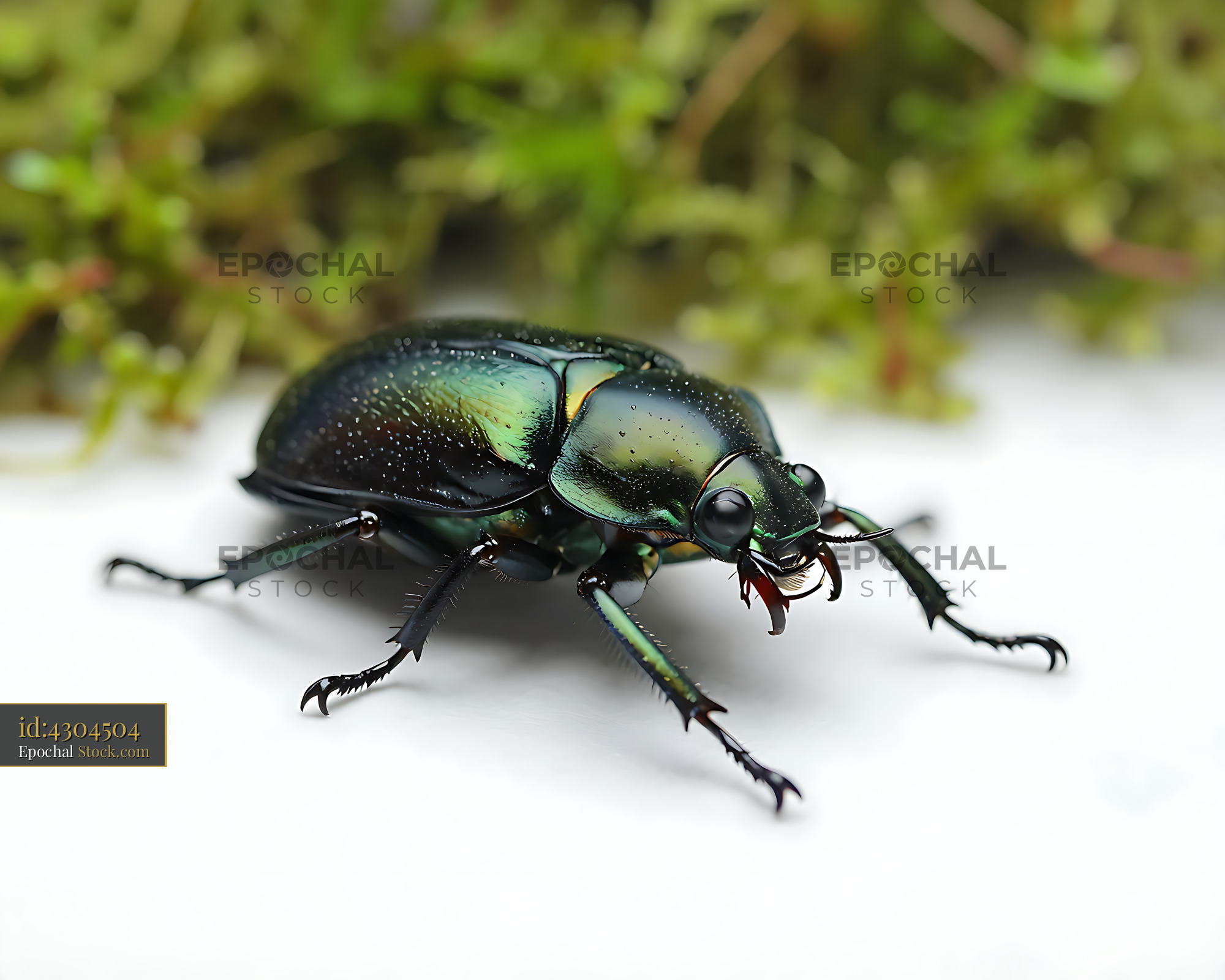Metallic green Carabus auronitens ground beetle on a white surface - stock photo