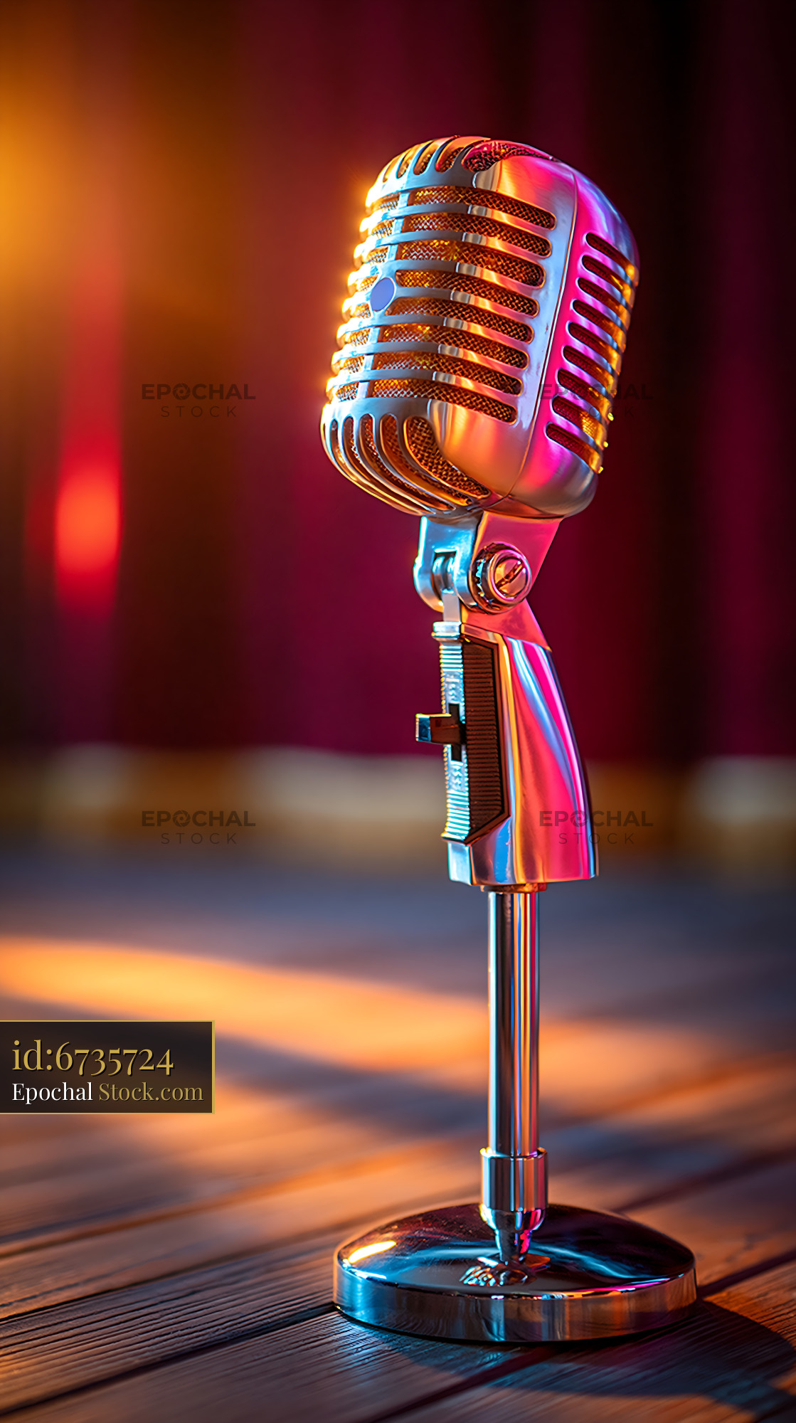 Classic vintage microphone on a stage with sparkling floor lights - stock photo