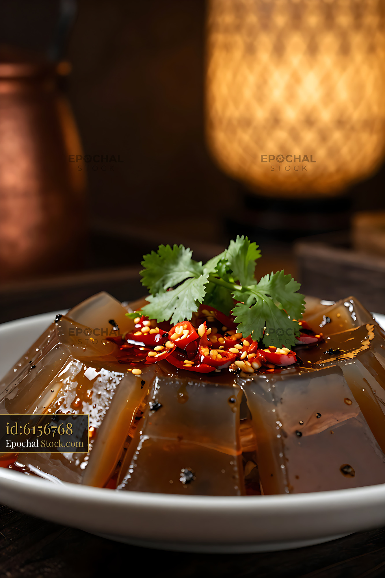 Fujian Xian Cao Rou savory grass jelly with spicy chili and cilantro - stock photo