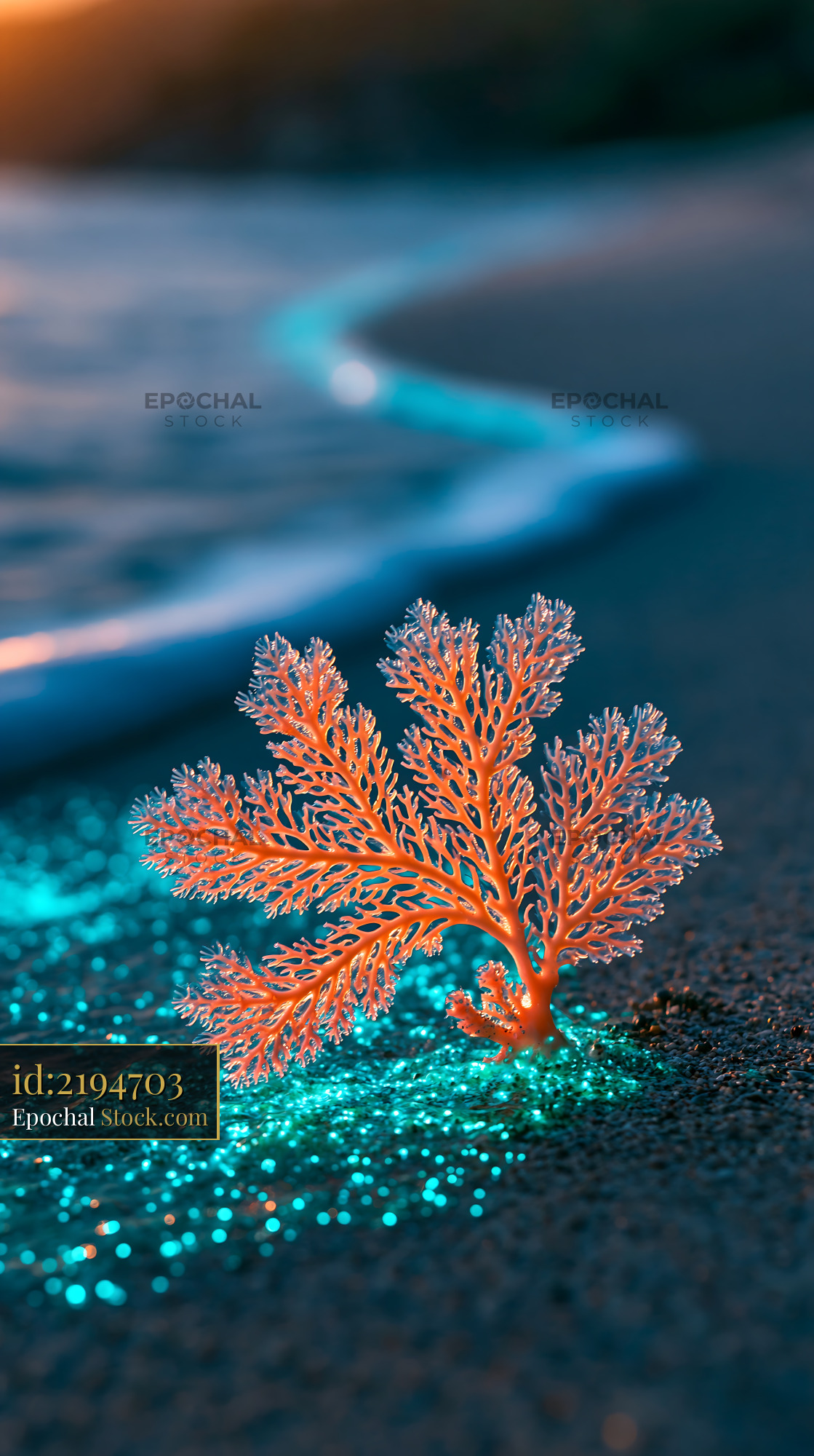 Vibrant orange sea fan coral on dark sand beach with bioluminescence - stock photo