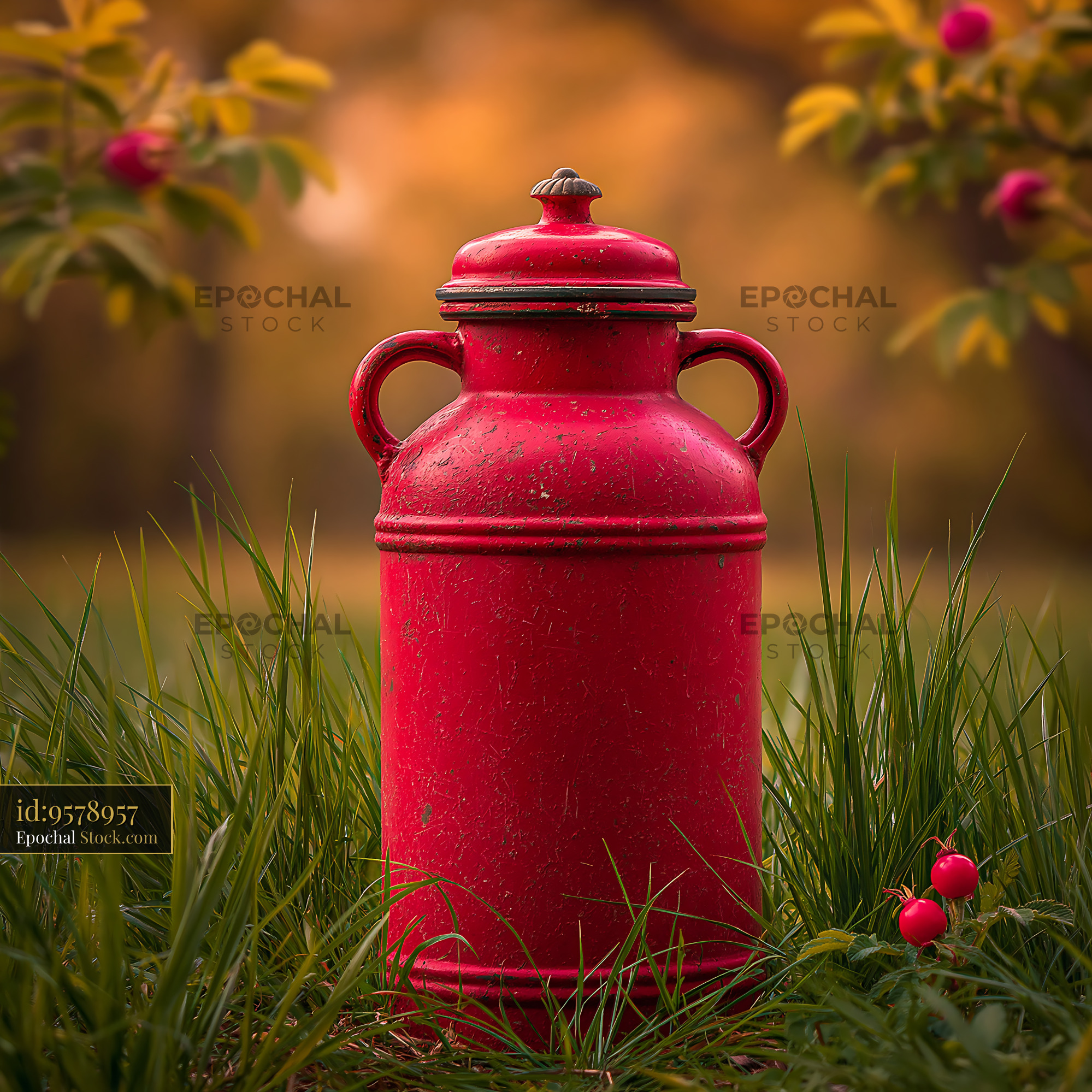 Red vintage thermos in green grass during golden hour