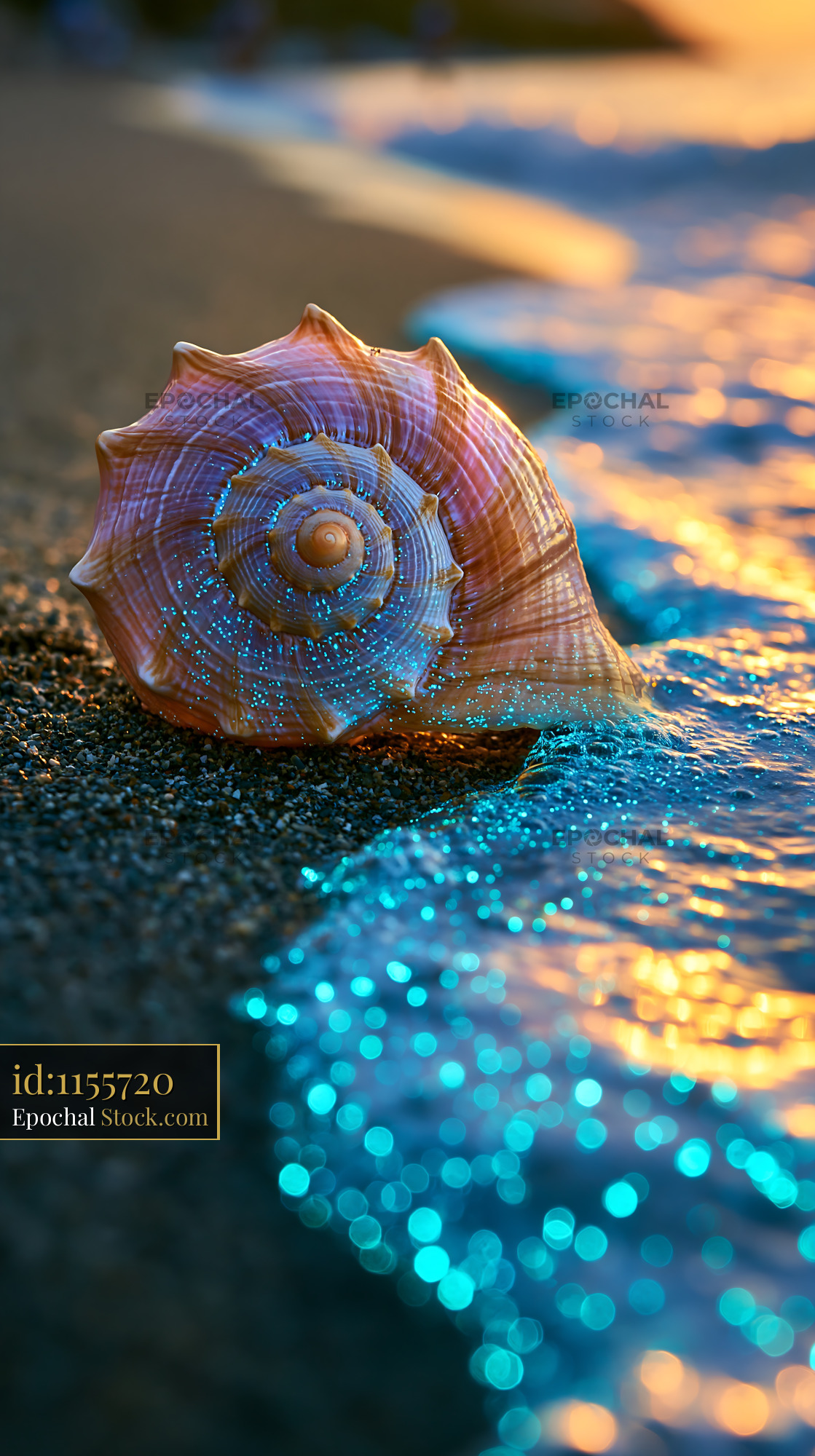 Large seashell with bioluminescent blue glow on beach at sunset - stock photo