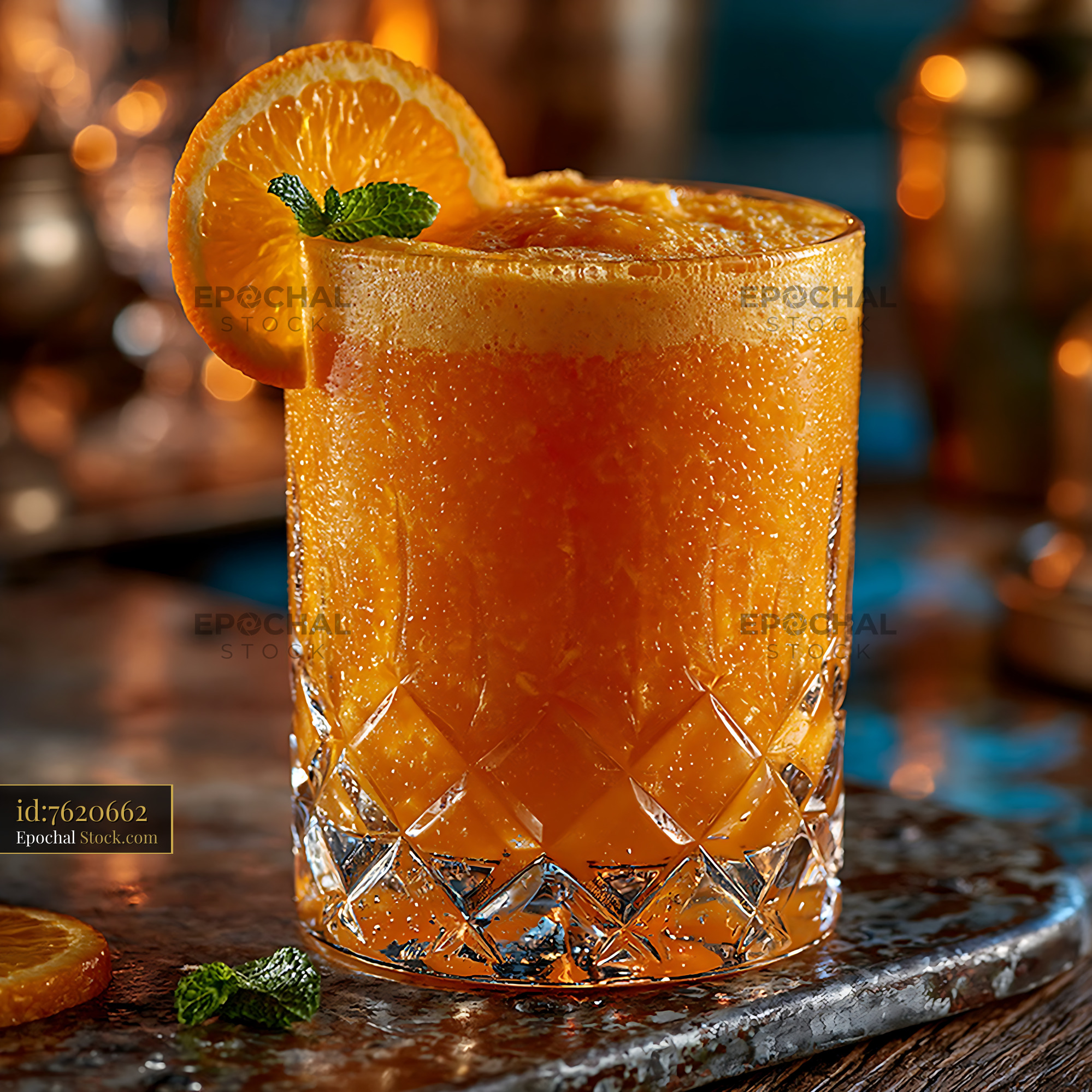 Refreshing mikan orange smoothie in a crystal glass with mint - stock photo