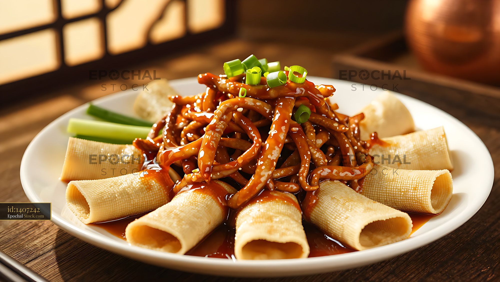 Beijing Jing Jiang Rou Si shredded pork with tofu skin wraps - stock photo