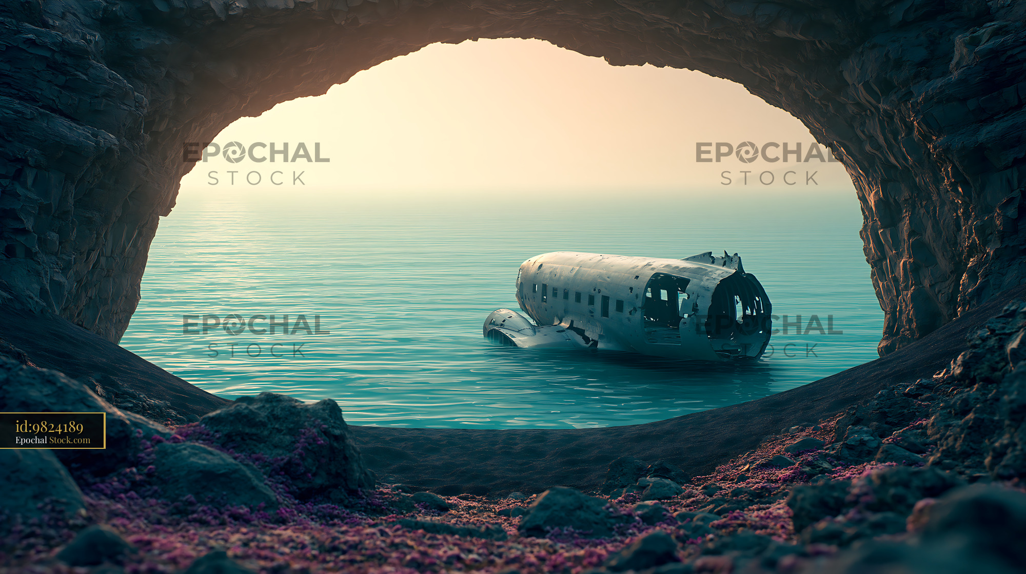Abandoned airplane wreckage in turquoise water seen from a cave - stock photo