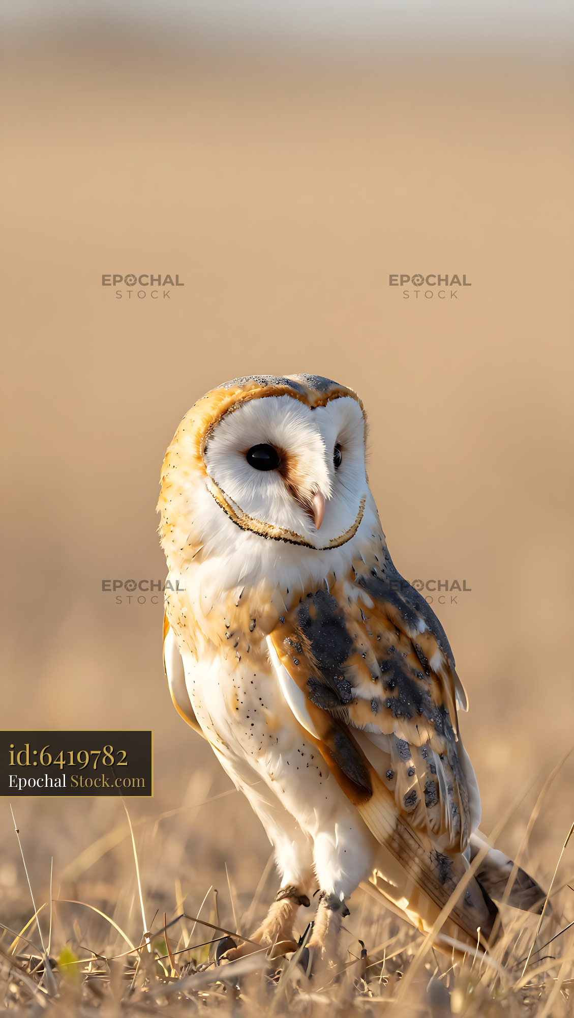 Barn owl standing in dry grass during golden hour - stock photo