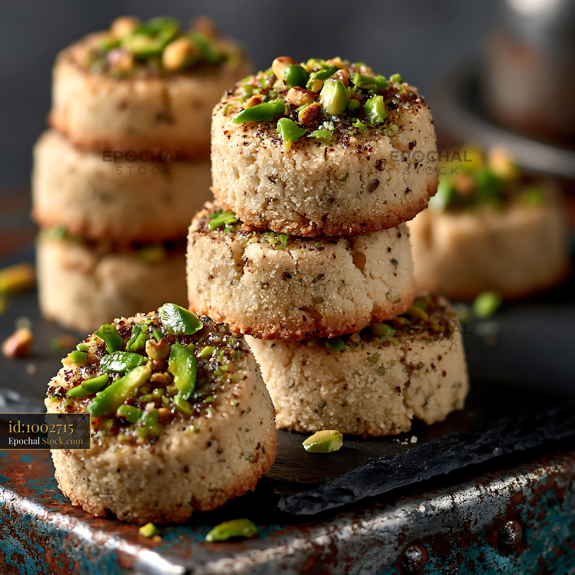 Stacked cardamom chickpea biscuits topped with roasted pistachios - stock photo