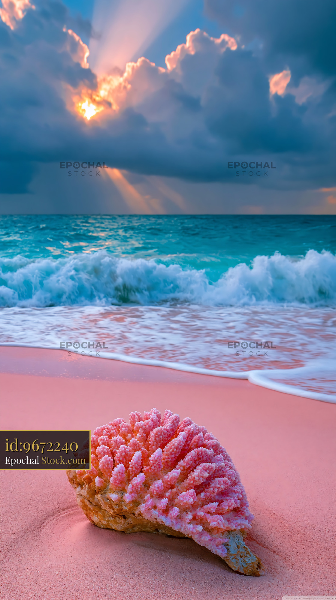 Pink coral on a tropical beach with turquoise waves at sunset - stock photo