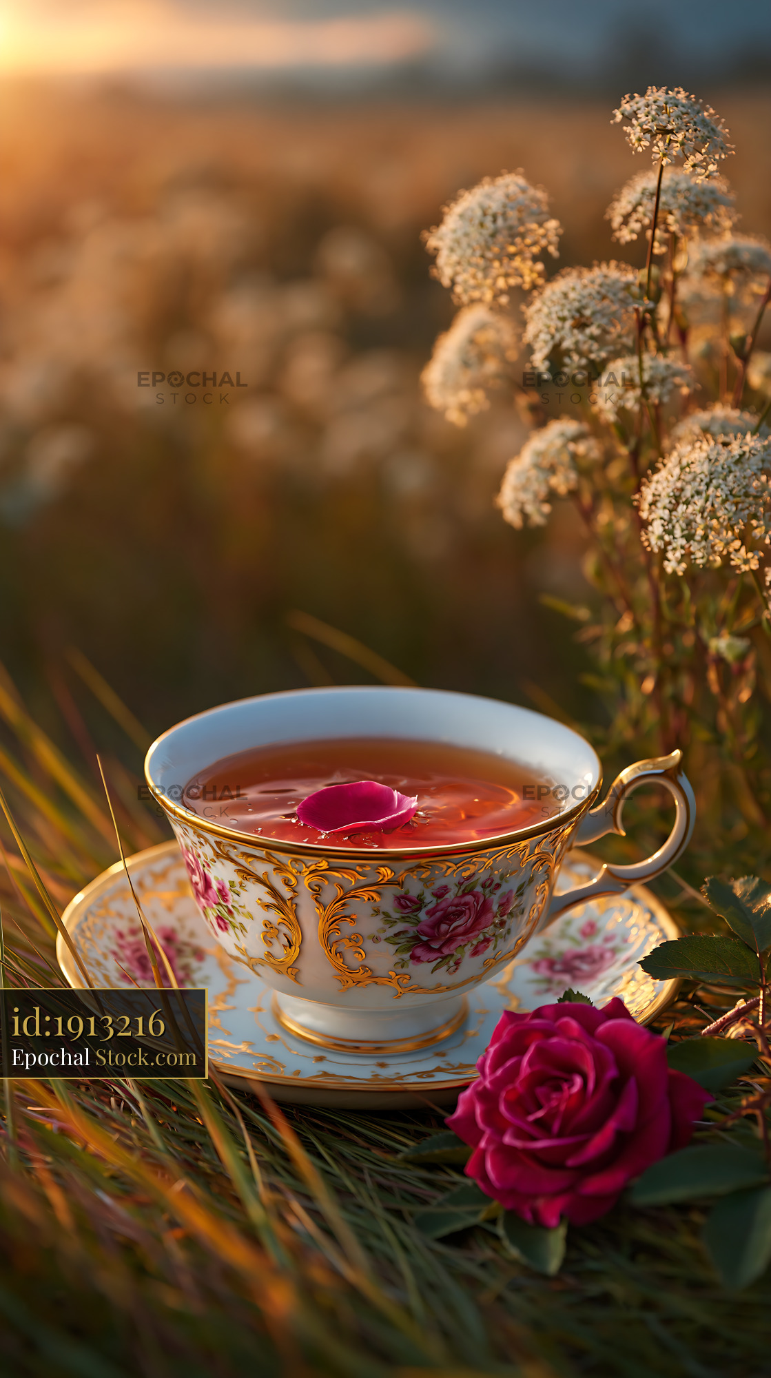 Vintage porcelain teacup with rose petal in a meadow at sunset