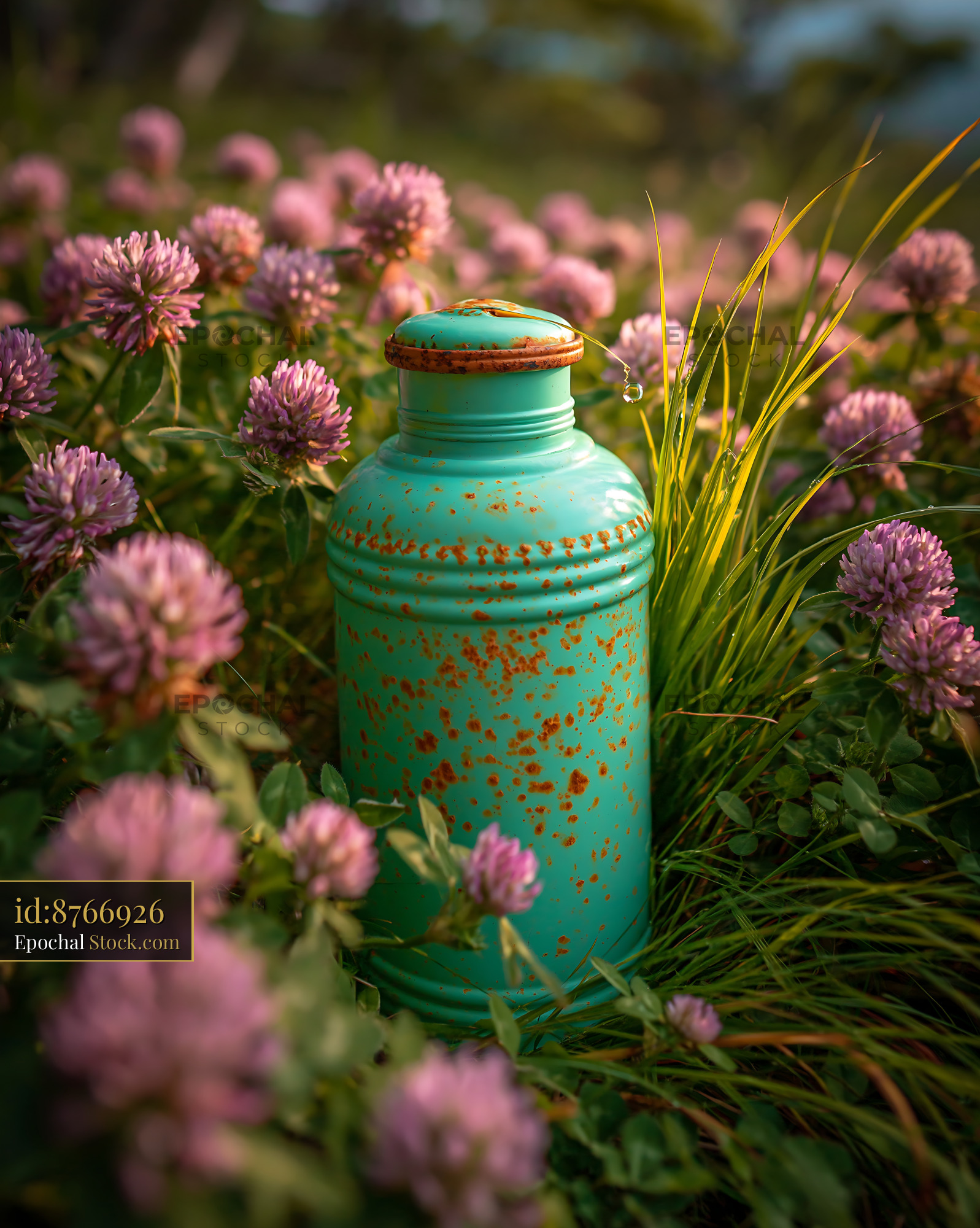 Vintage turquoise thermos in a field of pink clover flowers