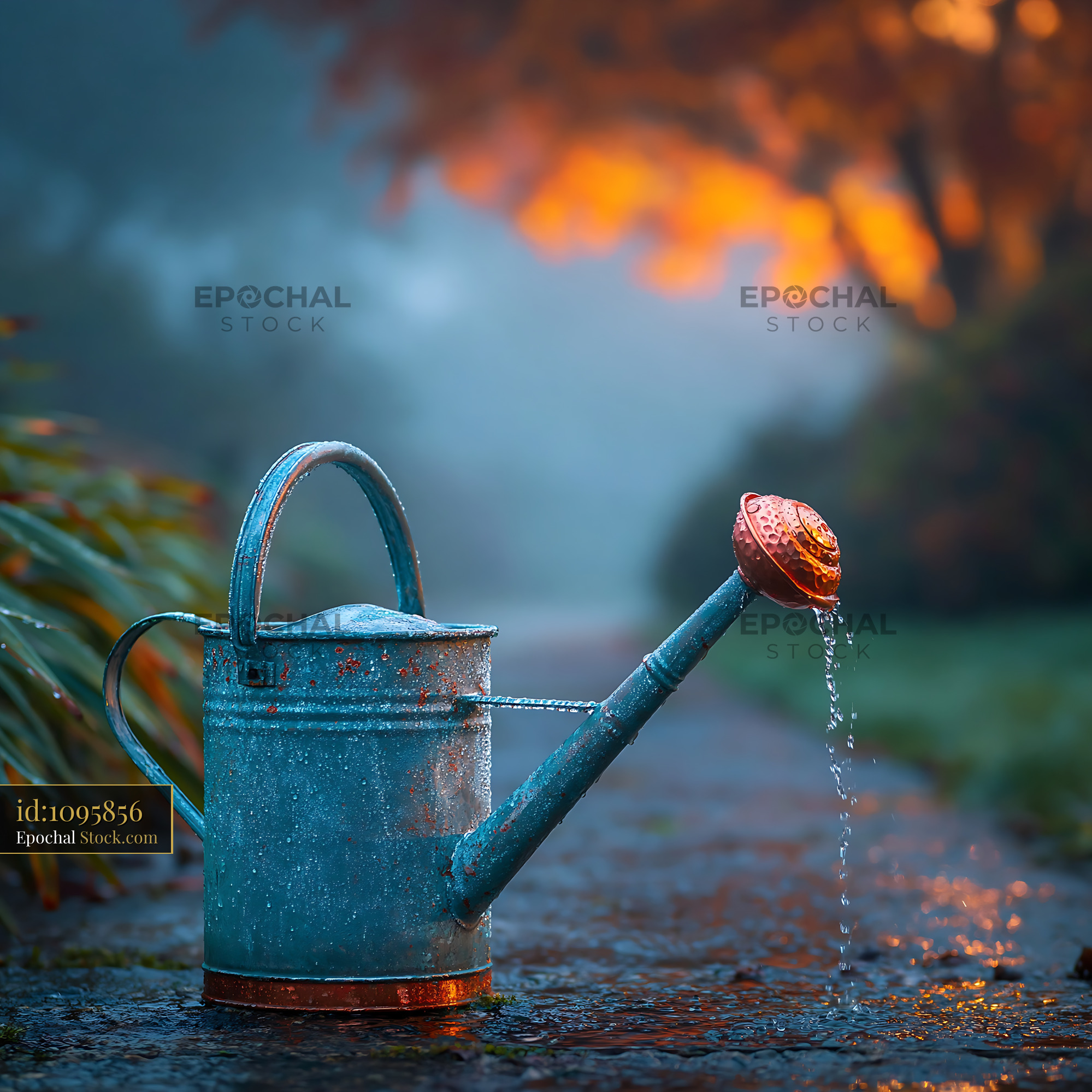 Vintage watering can on a wet garden path during morning mist