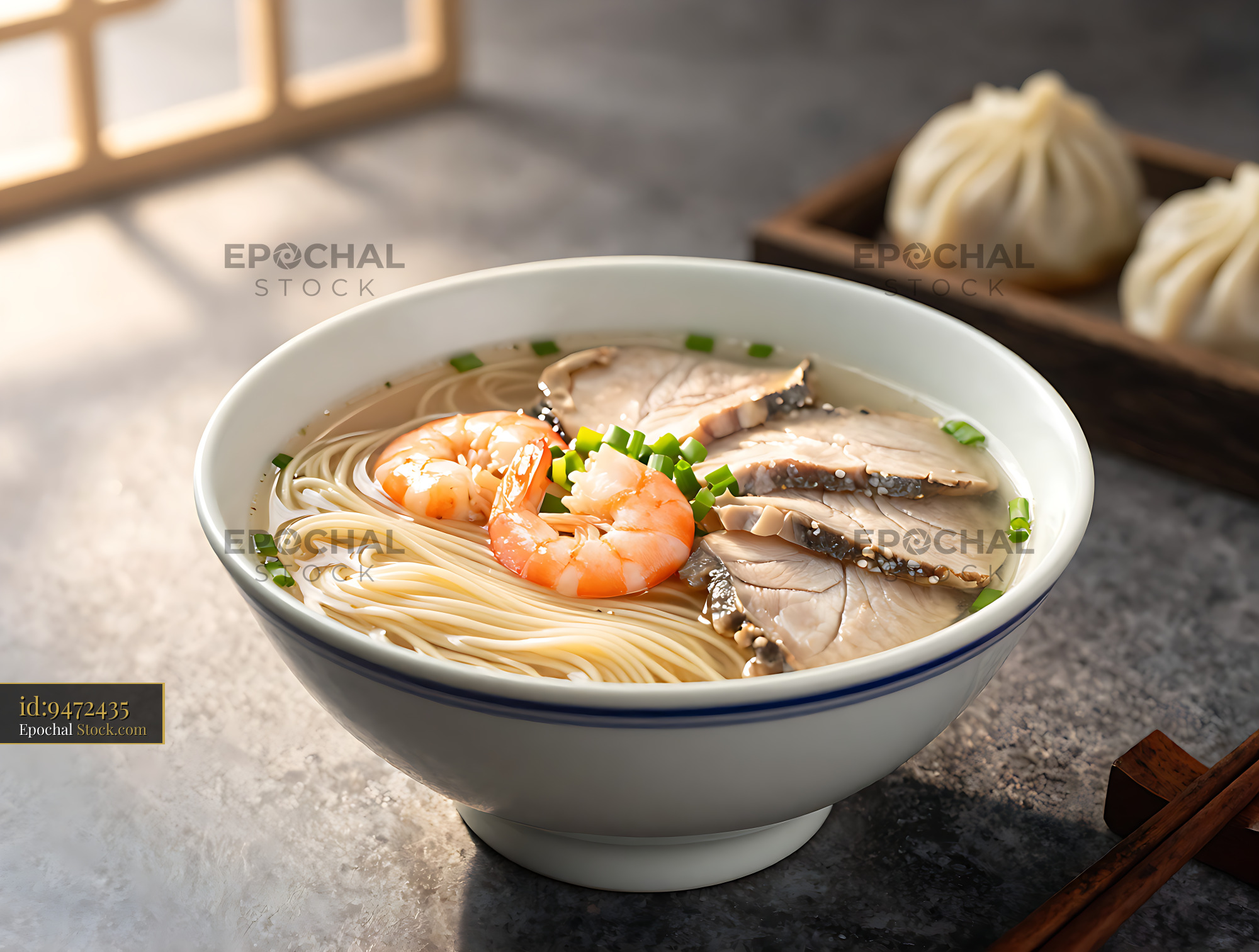 Suzhou San Xian Tang Mian noodle soup with shrimp and pork slices - stock photo