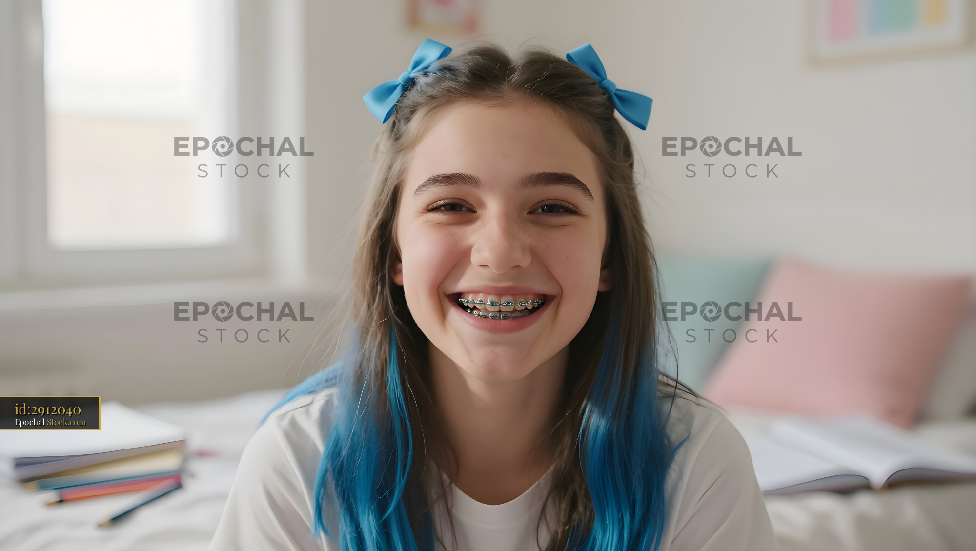 Smiling girl with blue hair in a bright room Premium Stock Image - stock photo