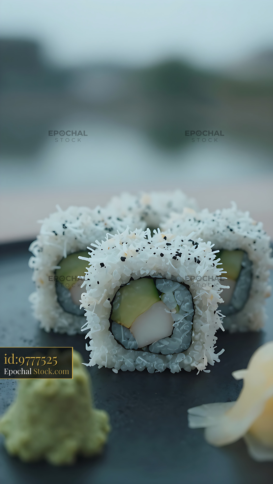 Fresh tororo konbu maki sushi rolls with avocado on a dark plate - stock photo