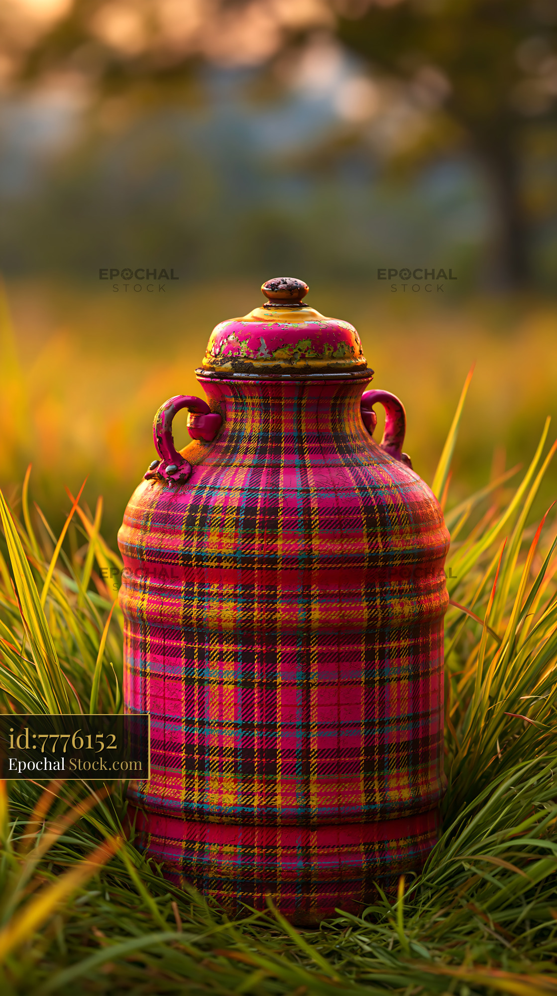 Vintage plaid thermos in spring grass at golden hour